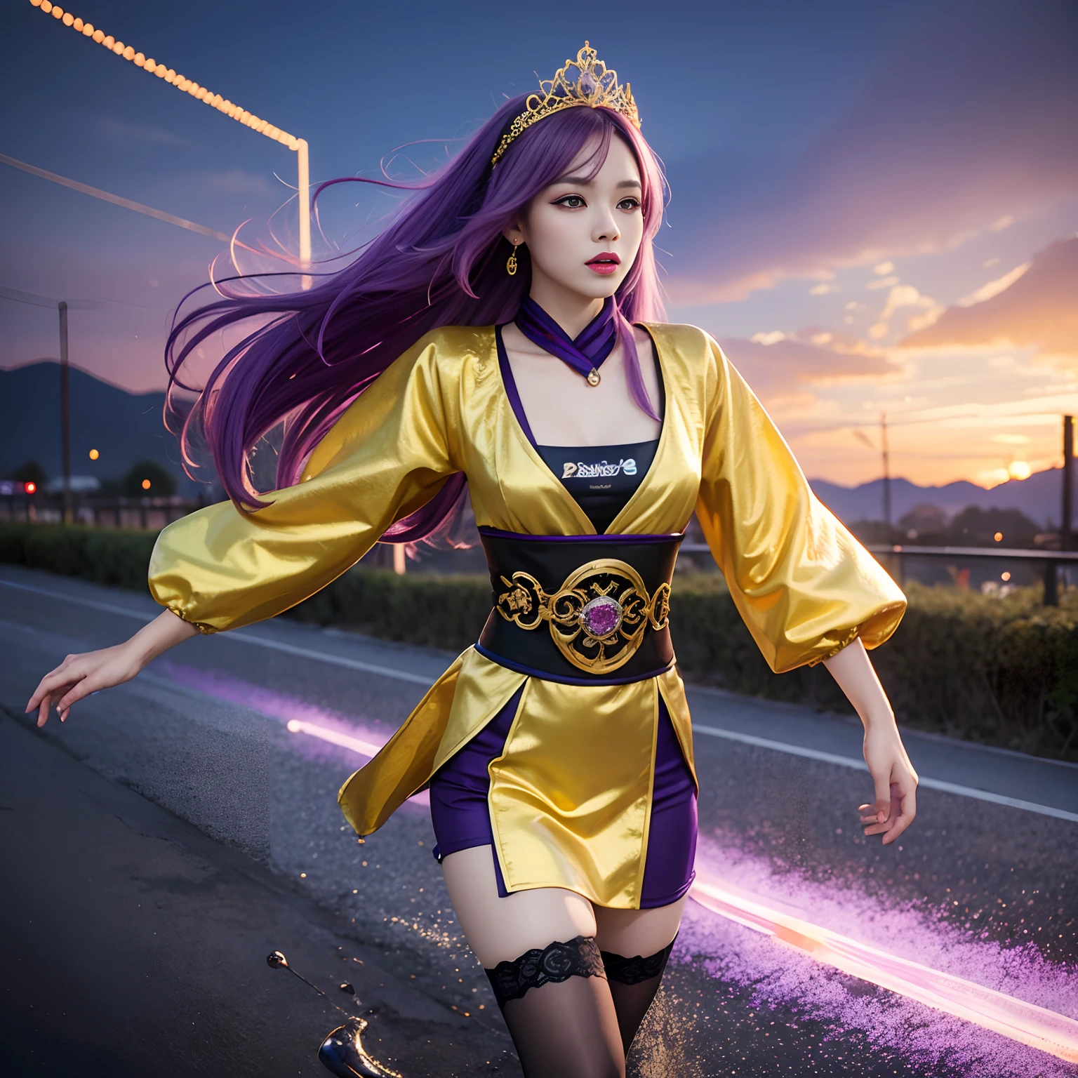 32K(tmasterpiece,k hd,hyper HD,32K)Long flowing bright purple hair,Autumn Pond,zydink, a color, Asian people (Silly girl), (Silk scarf), Combat posture, looking at the ground, long whitr hair, Floating bright purple, Fire cloud pattern gold tiara, Chinese long-sleeved gold silk garment, (abstract ink splash:1.2), white backgrounid,Lotus protector(realisticlying:1.4),Bright purple hair,Smoke on the road,The background is pure, A high resolution, the detail, RAW photogr, Sharp Re, Nikon D850 Film Stock Photo by Jefferies Lee 4 Kodak Portra 400 Camera F1.6 shots, Rich colors, ultra-realistic vivid textures, Dramatic lighting, Unreal Engine Art Station Trend, cinestir 800,Long flowing bright purple hair