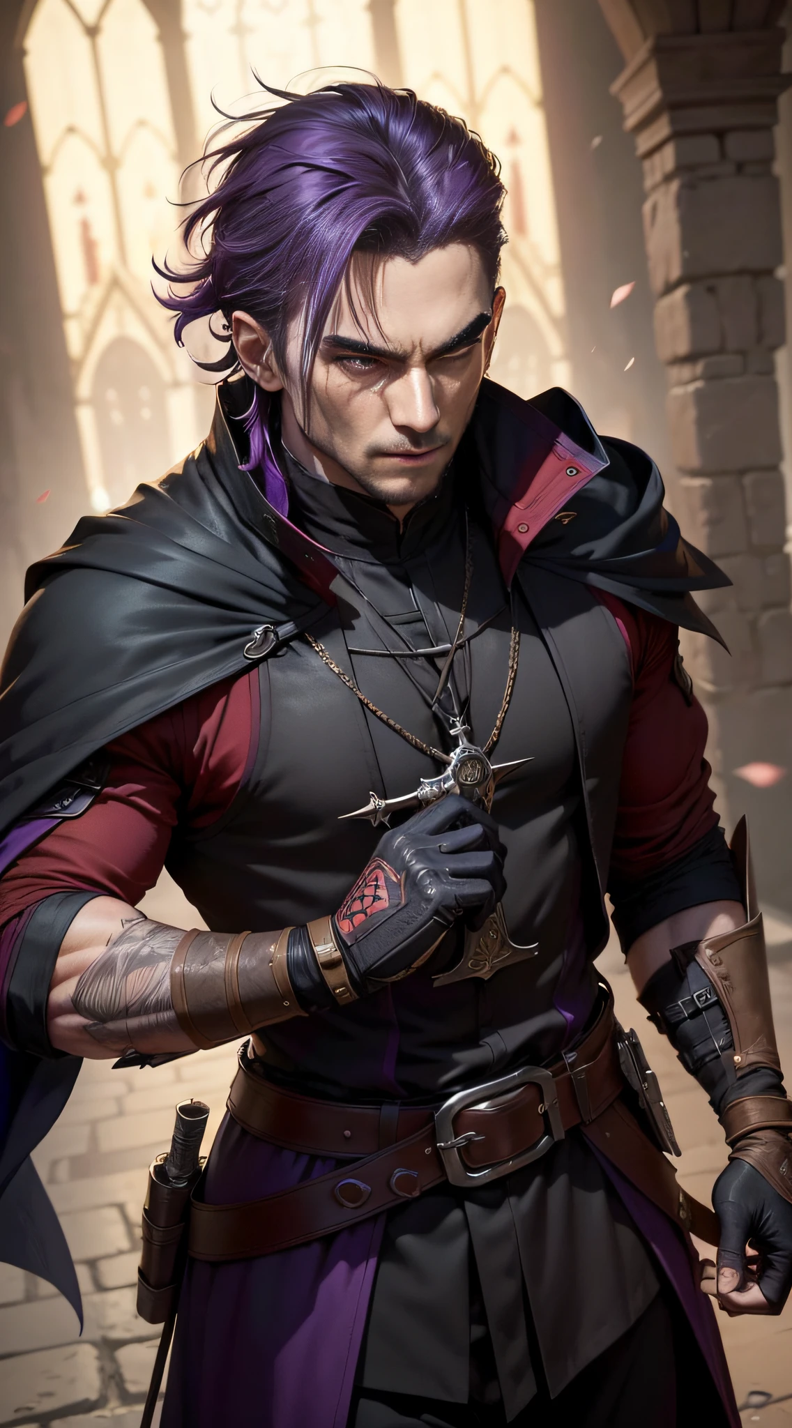 (superfine illustration, Best Quality, Ultra-detailed, medieval:1.5), (proficient male assassin, male focus, solo:1.5), fighting pose, (unapproachable vibe, Lack of emotional ups and downs, Perfect fingers, Perfect hands:1.5), 25 years old, (toned:0.9), (assassin costume, assassin cloak, fingerless gloves), empty church background, dusk, male hair, extremely short hair, purple hair, combed-back hair, male face, male eyebrows, sharp eyes , sharp nose, forehead, dynamic angle,