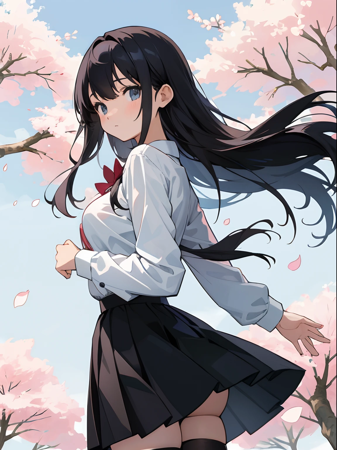 (finely best quality illustration:1.2), (kawaii girl:1.0), (1girl, solo:1.0), (ultra-detailed, highres, 4k:1.0), Masterpiece, best quality) detailed, black and red lingerie bra, white shirt, breasts, cleavage, white shirt, shirt with buttons opened , school uniform, black skirt, black lingerie thighhighs, cherry blossom trees, flower garden background in the middle of a city, trees, erotic expressions, 25 years old girl, going away from viewer while looking back at viewer, wind blowing , hairs floating with wind, shirt being blown away with wind showing her bra, shirt floating with wind