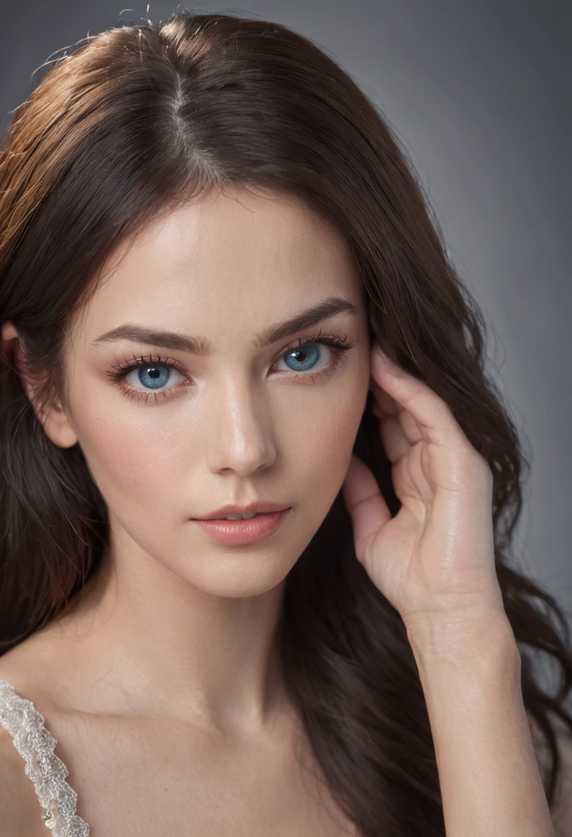 a portrait of a beautiful model, symmetrical face, well-defined traits, perfect face, full mouth, almond eyes, black hair, blue eyes, ultra realistic, well detailed, intricate, 8k, high resolution, high sharpness, canon lens 50mm f1 .8 global lighting, perfect composition