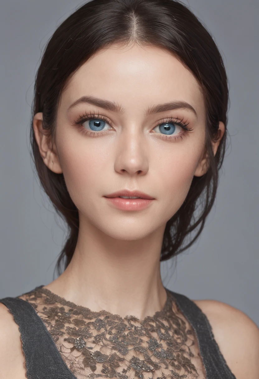 a portrait of a beautiful model, symmetrical face, well-defined traits, perfect face, full mouth, almond eyes, black hair, blue eyes, ultra realistic, well detailed, intricate, 8k, high resolution, high sharpness, canon lens 50mm f1 .8 global lighting, perfect composition