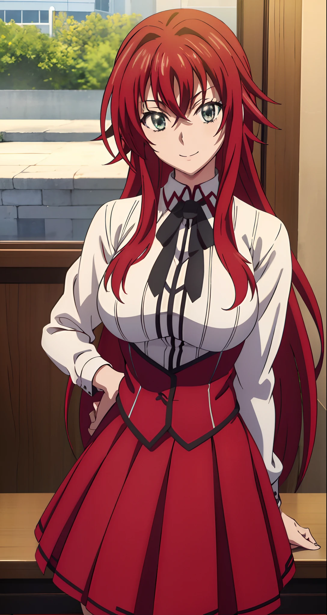 (((picture perfect))), (absurdres), 1girl, solo, rias gremory, school uniform, red skirt, looking at viewer, smile, (((upper body)))