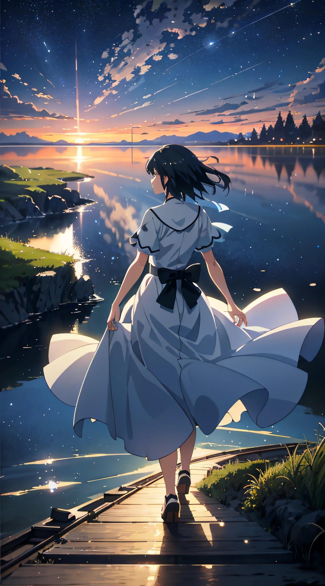 High quality masterpiece, landscape, anime train passing through bodies of water on tracks, bright starry sky. Romantic train, pixiv, concept art, lofi art style, reflection. by Makoto Shinkai, lofi art, Beautiful anime scene, Anime landscape, detailed scenery —width 672, in style of Makoto shinkai, style of Makoto shinkai, enhanced details.