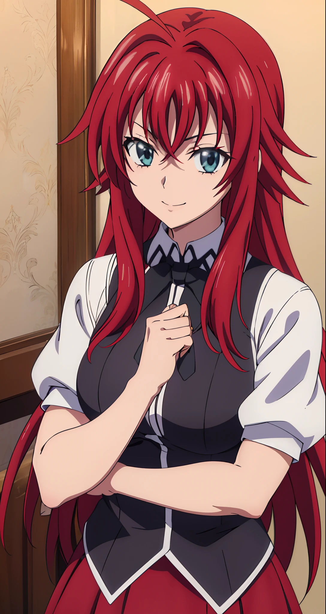 (((picture perfect))), (absurdres), 1girl, solo, rias gremory, school uniform, red skirt, looking at viewer, smile, (((upper body)))