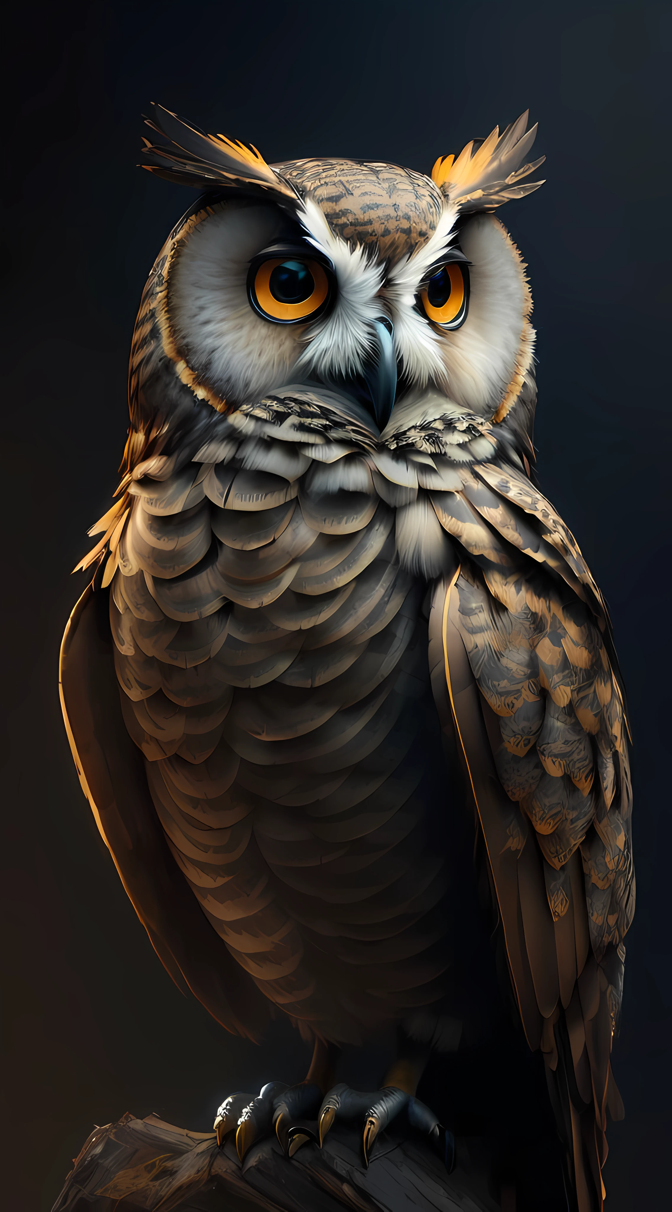 um close up de uma coruja sentada em um galho com um fundo escuro, hyperrealistic robot owl, Coruja Radiante, uma coruja, coruja incandescente, Penas de coruja, arte digital animal foto, Animais bonitos detalhados, 8k arte detalhada de alta qualidade, the wisest of all owls, Arte 3D digital detalhada, Grande arte digital com detalhes, Portrait of a geometric owl