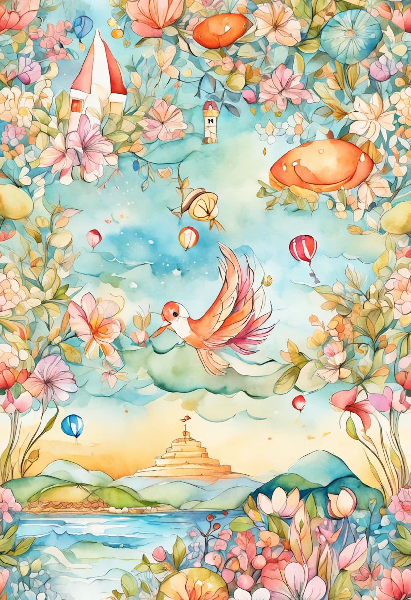 Pastel colors:1.3)、(cute illustration:1.3)、 detailed background、The details are beautiful.、Moya、It's very colorful、marble、Particles of Light、patterns、 detailed drawing、vibrant colours、striking contrast、intricated details、Delicate depictions、glittering、 Morning sun shining, (Dynamic Angle, Shot from a distance, wide  shot, From panoramic views, magnificent view:1.25)、 「That summer」If you call it, Every summer, you will remember the collar and start wearing it