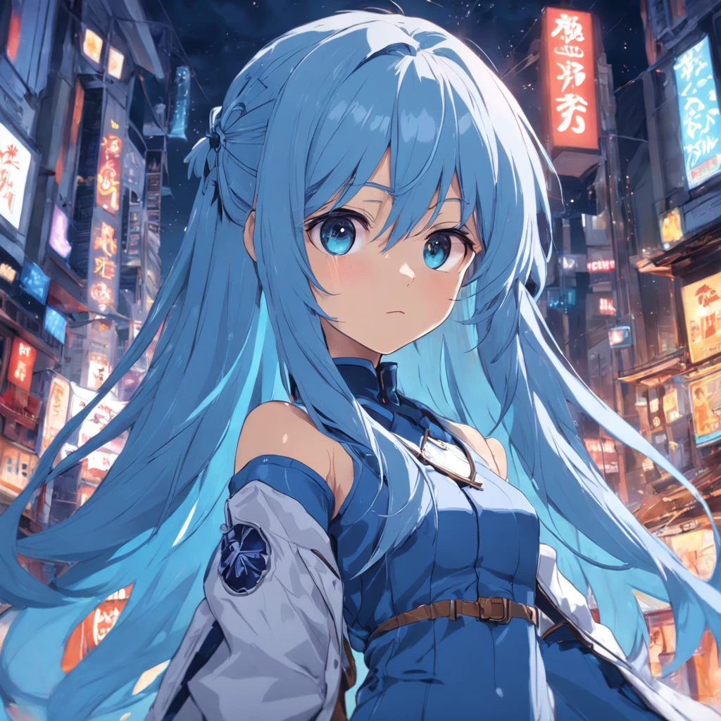 Kohei Horikoshi's masterpiece: Nejire Hado from My Hero Academia, known as Nejire-chan, beautifully portrayed in her costume with blue hair, set in a bustling big city. #mha #bnha #1girl #goodproportions #cityscape