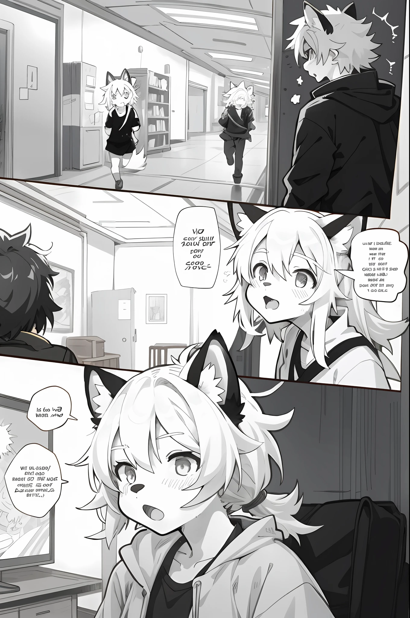 top quality, best quality, highres, unparalleled masterpiece, perfect artwork, paid reward available, indoor, couple of comics, absurdres(kemono, furry anthro)sosaku hanga, black and white manga page, manga page, doujin, ddlc, anime, girls comic, black and white manga panel, zerochan, emotions, manga to represent actions, motion blur, motion line, Bold cartoon-like panel layouts, speech balloon, english text, Hand-drawn sound effects stickers used in girls comics,