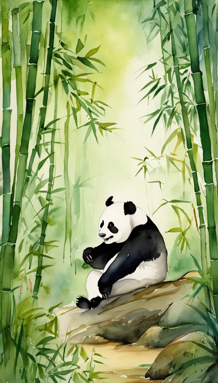 "a peaceful bamboo grove with an energetic panda playing among the trees"