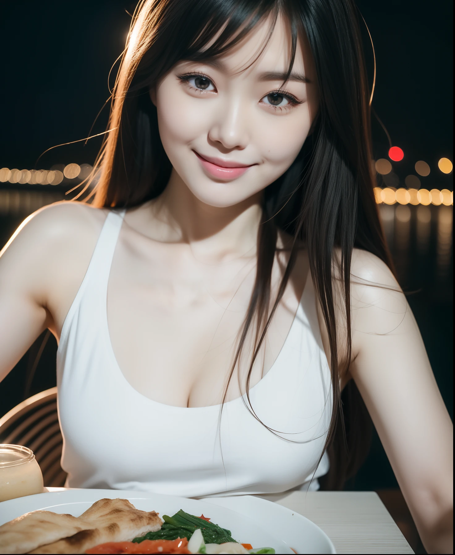 realistic photos of (1 cute Korean star) straight hair, white skin, thin makeup, 32 inch breasts size, slightly smile, wearing cat pattern tank top, dinner, at river side, night, close-up, Abstract expressionism, UHD