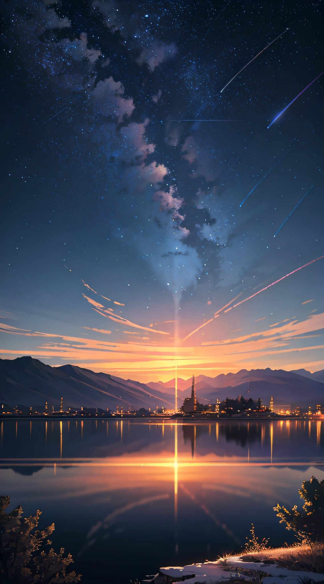 High quality masterpiece, landscape, anime train passing through bodies of water on tracks, bright starry sky. Romantic train, pixiv, concept art, lofi art style, reflection. by Makoto Shinkai, lofi art, Beautiful anime scene, Anime landscape, detailed scenery —width 672, in style of Makoto shinkai, style of Makoto shinkai, enhanced details.