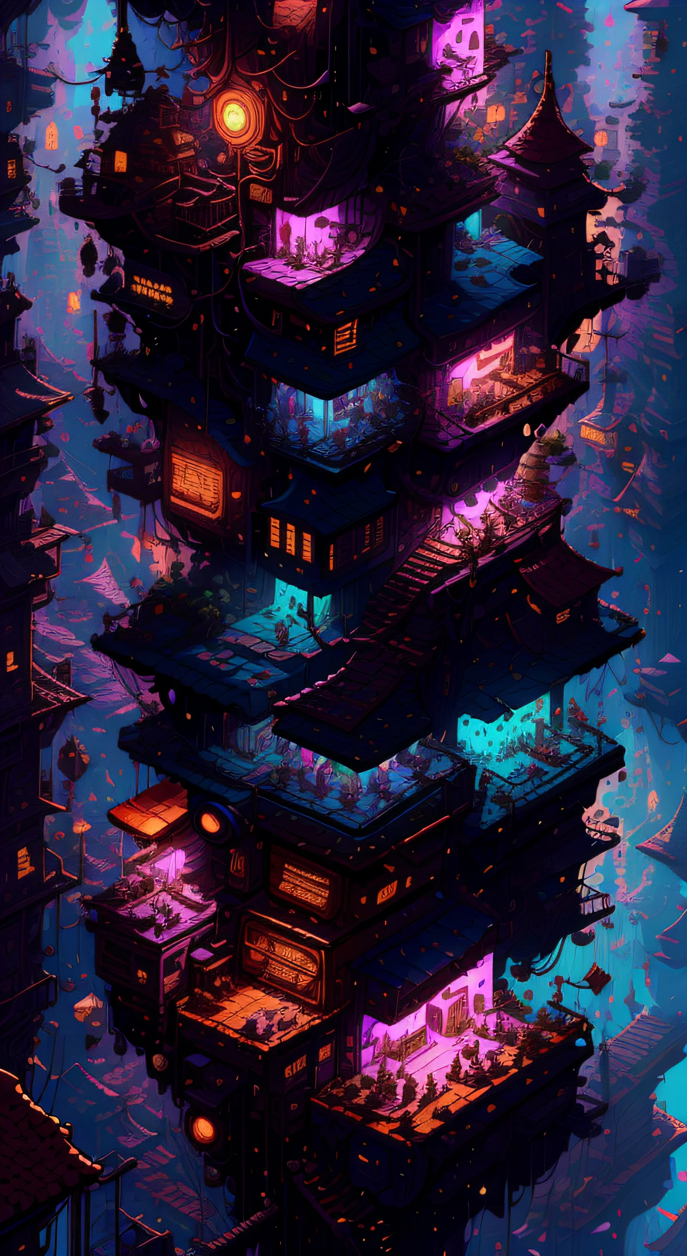 ((best qualtiy)), ((tmasterpiece)), (The is very detailed:4.5),Best quality, Cyberpunk cyberpunk street scene, Cityscape, Dazzling cyberpunk skyscrapers, Neon signs, LED lights, Wet and rainy, Bright and vivid color scheme, anime big breast, illustration, Intricate details, Ultra detailed, Cinematic lighting, Dark shadows..。.3D,(isometry:1.4), without humans, StackedCityAI, Welcome to the new track,Huge big city,Twinkling skyscrapers pierce the night sky,Luminous circuits are woven in all aspects of life。In this isometric cyberpunk metropolis,The physical and digital realms are intertwined,You'll find yourself at the center of a thrilling conspiracy。As you drive through the dazzling streets,Your eyes will be drawn to the mesmerizing glow of the elevated data highway that criss-crosses the cityscape。Vibrant light flow and information pulsation,Connecting the inhabitants of NeoCircuit to a world of endless possibilities。Isometric views reveal the intricate layers of the city,Bustling street display、Towering arcs and secret alleys that hide secrets and opportunities。But in this neon-lit maze,Something insidious lurks in the shadows。The city's power broker、Elusive hackers and corrupt companies vie for control,Use advanced technology to manipulate city dwellers。strong artificial intelligence,It is called an oracle,Pull the strings from the depths of cyberspace,Its true intentions are obscured by mystery,Piping system,Very small number of steel stairs,3-4 iron containers,Cyberpunk-style gangster territory,Very little barbed wire,
