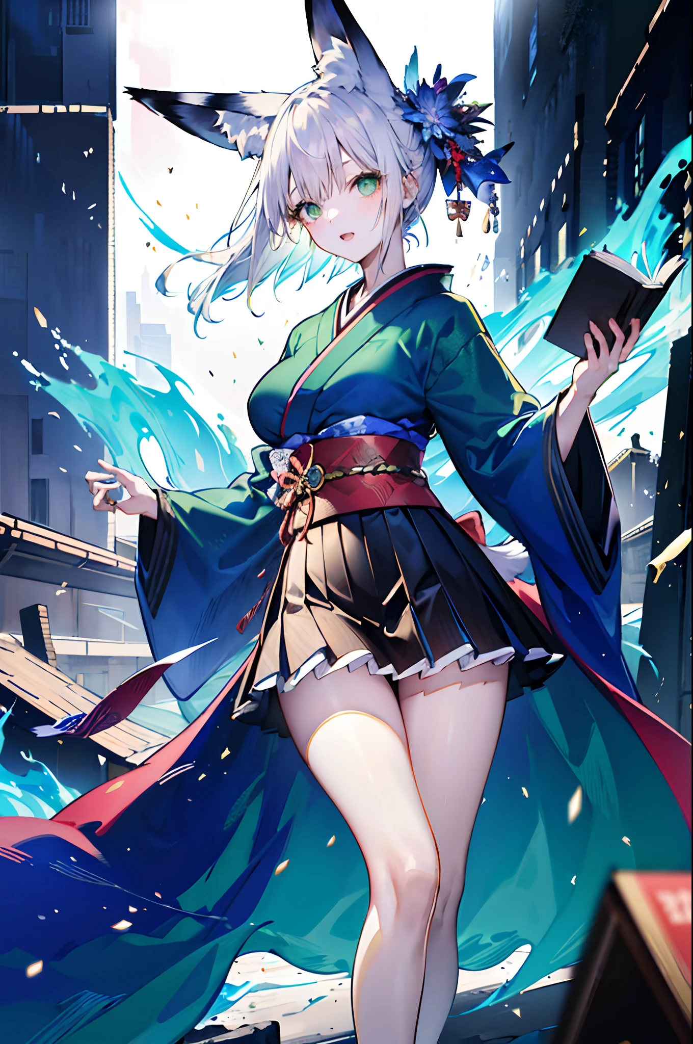 (top-quality、8K、Master masterpiece、nffsw:1.4)、((Mysterious))、((Engulfed in blue flames))、(There is a fiery fox)、Detailed shrine、foxfire、outside of house、Windy、shinny skin、absurderes、Detailed details, shadowy、foco nítido、extremely detailed eye and face、Sharp pupils、Realistic pupils、((1The fox tail of the book grows))、10 year old beautiful girl、disheveled silver hair、Short hair、Ponytail、Deep green eyes、Fox ears、Red Check Ribbon、Kimono、Pleated miniskirt、thighs thighs thighs thighs、Colossal tits、