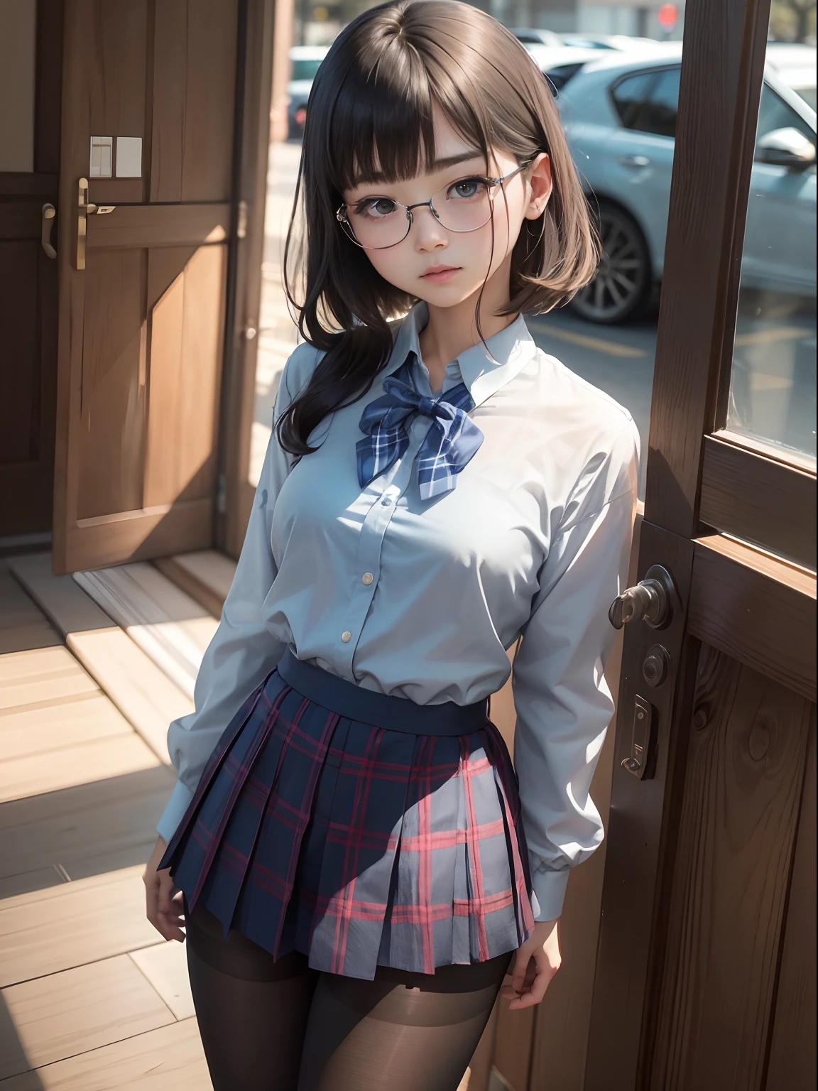 (Long ponytail),(Underwear is visible),Open the crotch fully open,Open the legs in an M-shape,(8K、Raw photography、top-quality、masterpiece:1.2),Blue Panties,pigeon chest,glamor,Chromo-white skin,cocky,School,watching at viewers,Looking at the front,Muchimuchi,High-pitched clothing,Erotic,Pupils,de pele branca,kne,absurderes,a small face,,Forehead visible,Bangs hanging from the left and right sides of the forehead,(a cold expression,Tight eyes,glares,Bullish,irate)、masterpiece,top-quality、超A high resolution,Raw photo,ren,Beautiful fece,One Person, 独奏,eye glass,,Dark look,Small breasts,fullllbody,Round glasses,JK school uniform,hi-school girl,A Japanese Lady,(Photorealsitic:1.37)、Photon mapping,Realistic、Beautie,Cute little face,Brown-eyed、Black socks、(Red bow tie)、Radio City、Physically Based Rendering、depth of fields、Blurry background、a picture,Body,beauty legs, Long legs, Thin leg,(Bangs are visible), hair, s lips, Blue_The eye, nosesoft,(Light blue shirt), (Navy and blue and white plaid pleated skirt), Knees are visible,Sheer clothing,, Thigh, Black cotton socks,Nogizaka Idol, 女優, Japanese ido