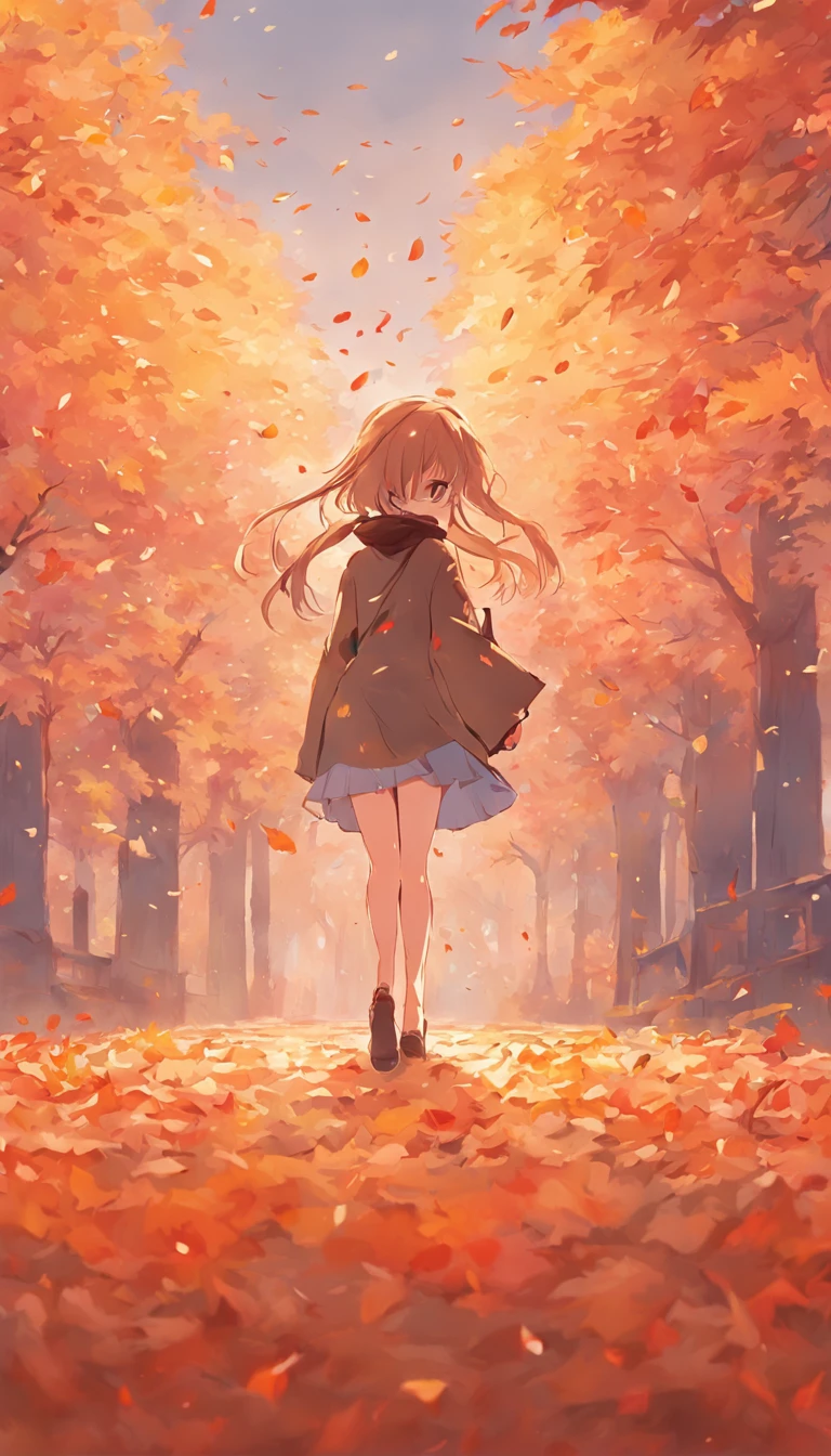 A girl misses her lover in the autumn breeze，Autumn scene，Beautiful and romantic，minimal style，Out of focus，illustration，falling leaf，detail-rich，depth of fields，Originality，down view，aerial shot