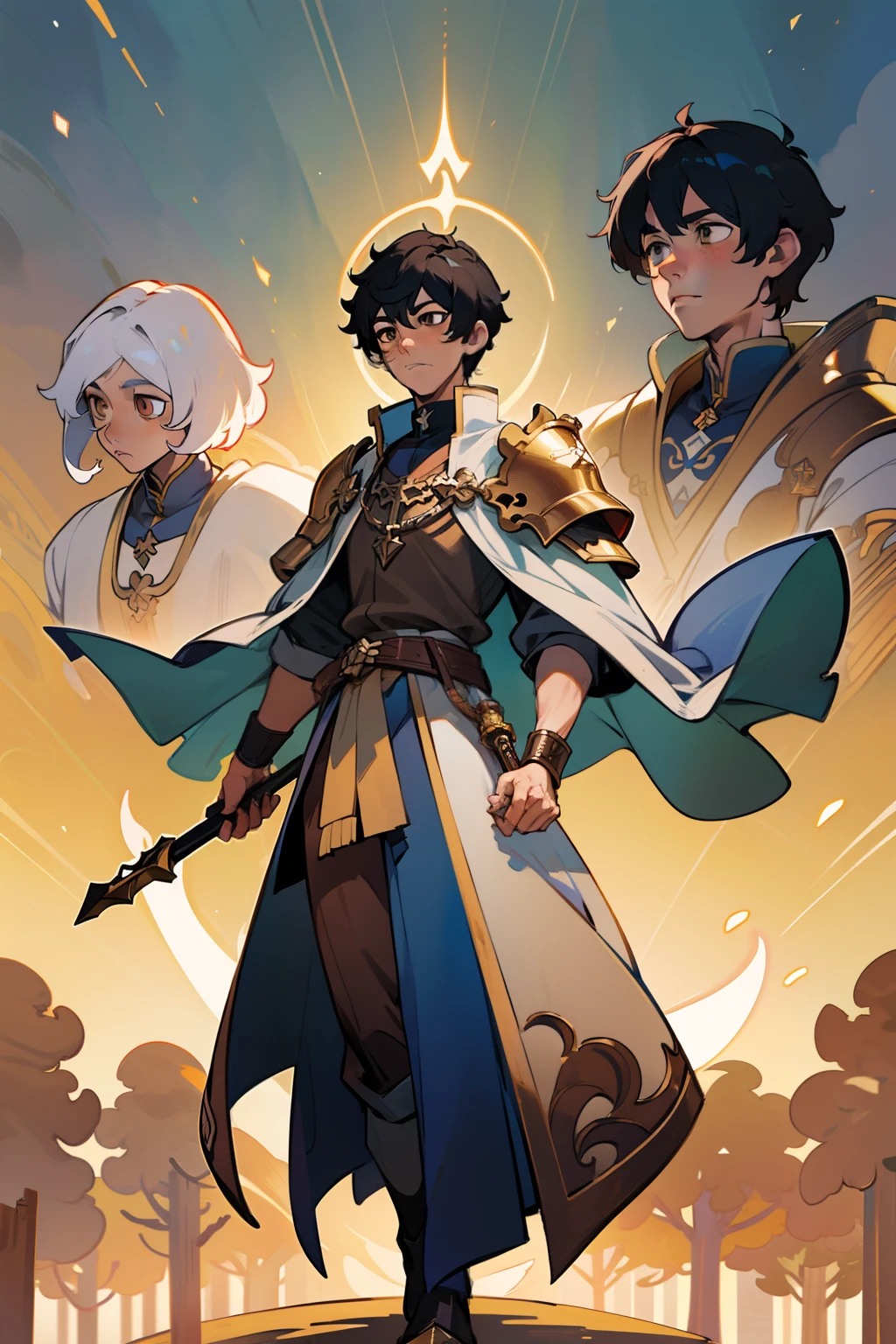 ((masterpiece - artwork - detailed - best quality)) - anime style - genshin impact style - 1 man - full body - male - black hair - brown eyes - golden light iris - heavenly look - cleric - coat of arm large - religious scepter hand - white robe - blue clothing - plate armor - golden details - forest - standing - levitating in the air - magical aura - heavenly cohort - stone path - fence - stone - broken