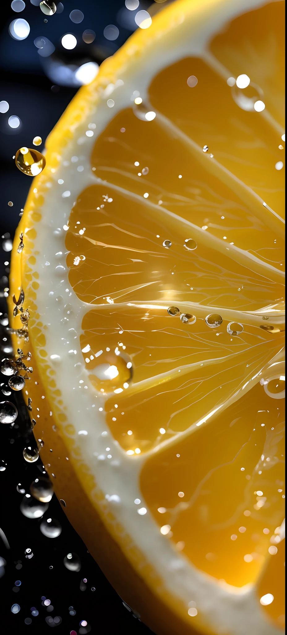 There is a close-up of a drop of orange, close up food photography, extremely detailed photography, professional fruit photography, detailed droplets, very detailed photography, Close up photography, lemon, Highly detailed photography, macro photography, lemonlight, Close-up photography, Close-up - upward photography, Detailed photography, hyperdetailed photorealism”