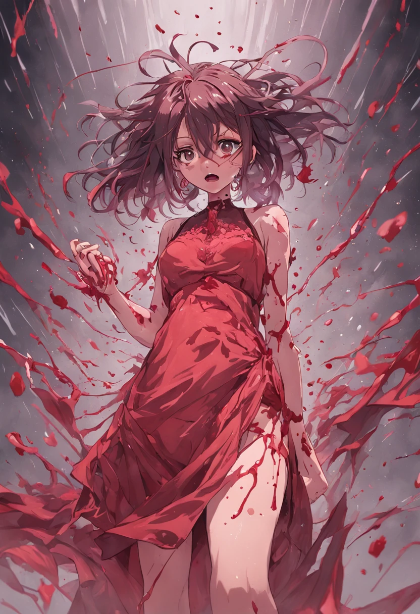 Full body photographic portrait seen from the front of a beautiful woman, 25 anos, cabelos muito longos, tudo emaranhado, louro, olhos azuis brilhantes, mouth with pieces of cotton and blood dripping, barefoot, corte profundo na testa. usando um vestido branco longo, muito sujo, com manchas de sangue. imagem aterrorizante. cena de fundo, um banheiro antigo, muito sujo e sombrio. com um espelho grande. muito bem detalhado. High definition, ultra realistic, 8k.