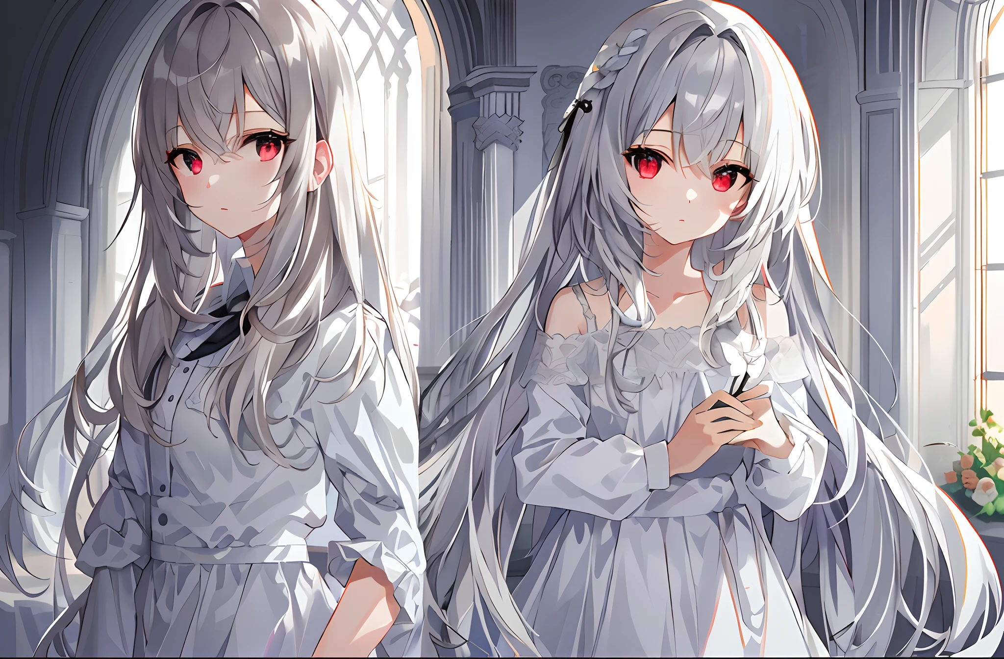 ((tmasterpiece,best qualtiy))++, detailedlight+, Detail hair+, Detail hands+ ,1girll, woman, long whitr hair, Dark red eyes, beautidful eyes, Young gray hair,,,(Beautiful white hair:1.5),(beatiful detailed eyes), A high resolution+,white pajama,white skirt,Glass tones,Reflective eyes,