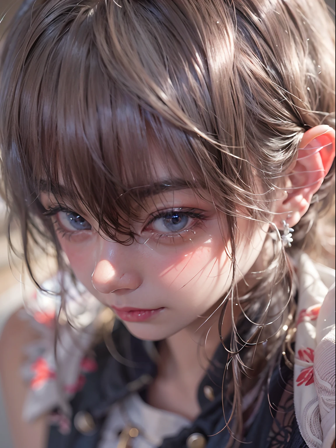 Top quality, Masterpiece, 超高分辨率, (Realistic, : 1.4), Original photo, (True skin texture: 1.3), (filmgrain: 1.3), in a panoramic view, Portrait, Very wide lens, Narrow waist, cowboy lens, (bangs, Inconspicuous, Cold light,) Night, Close-up, Tears, Short hair, neck long, ears sticking out, bangs, Big eyes, Brightly Colored Eyes, In the house, Dust, Tindall effect, (Facial expression), Sitting, (hitting a wall), Crying, Frowning, (Looking down), Nervousness, Tears, smiling happily
one girl, eyes and face with beautiful details, White jabot, pink dark V, Brown eyes,