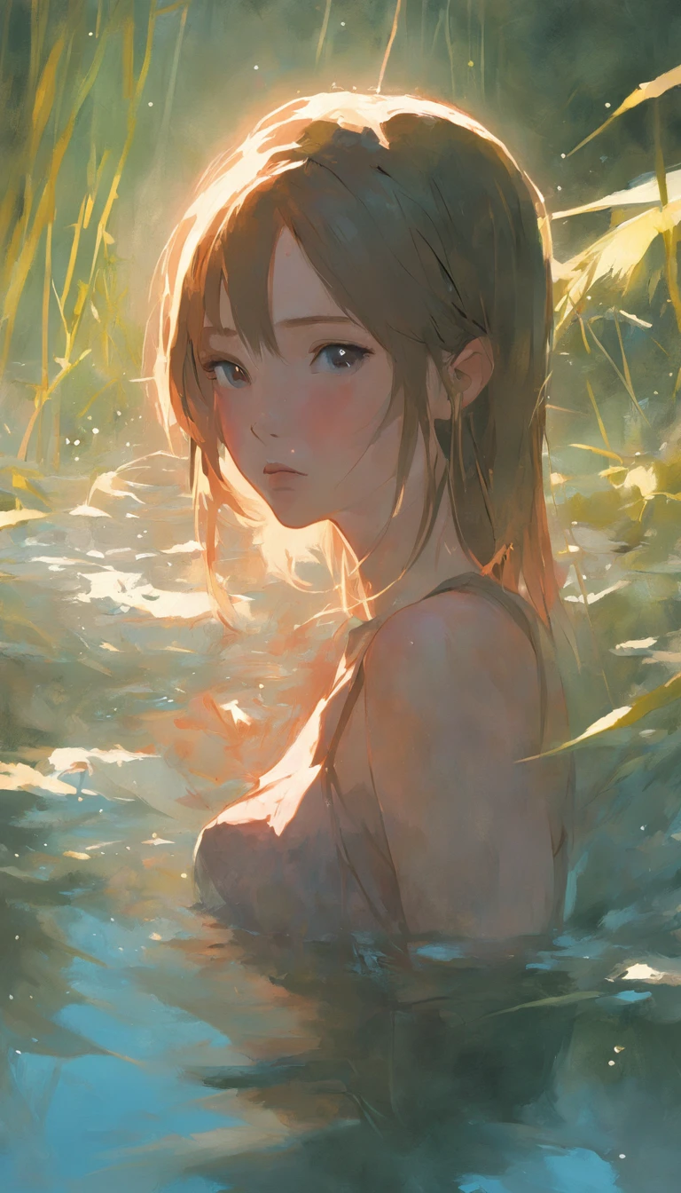 close up portrait of a cute woman (gldot) bathing in a river, reeds, (backlighting), realistic, masterpiece, highest quality, lens flare, shade, bloom, [[chromatic aberration]], by Jeremy Lipking, by Antonio J. Manzanedo, digital painting,