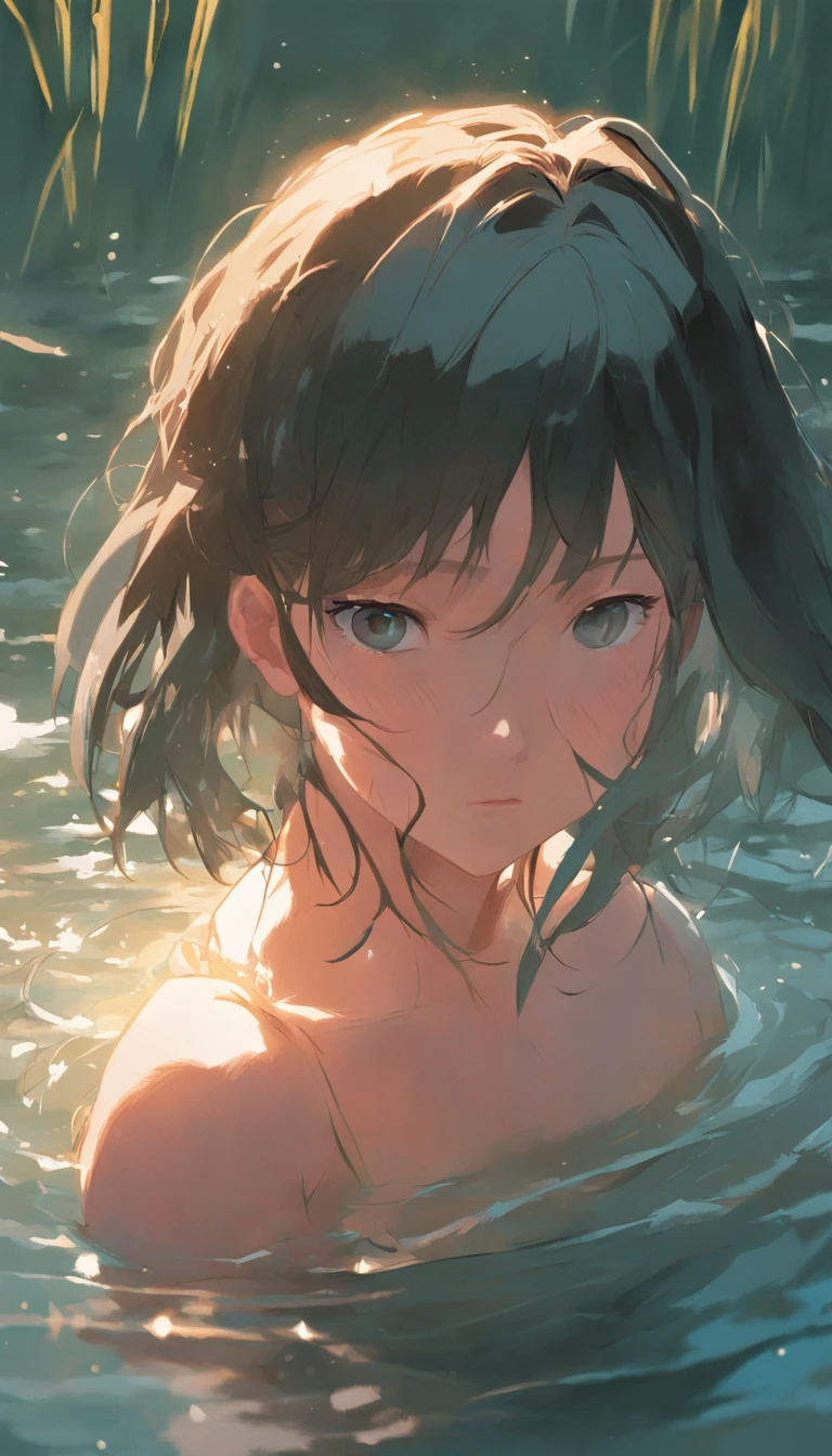 close up portrait of a cute woman (gldot) bathing in a river, reeds, (backlighting), realistic, masterpiece, highest quality, lens flare, shade, bloom, [[chromatic aberration]], by Jeremy Lipking, by Antonio J. Manzanedo, digital painting,