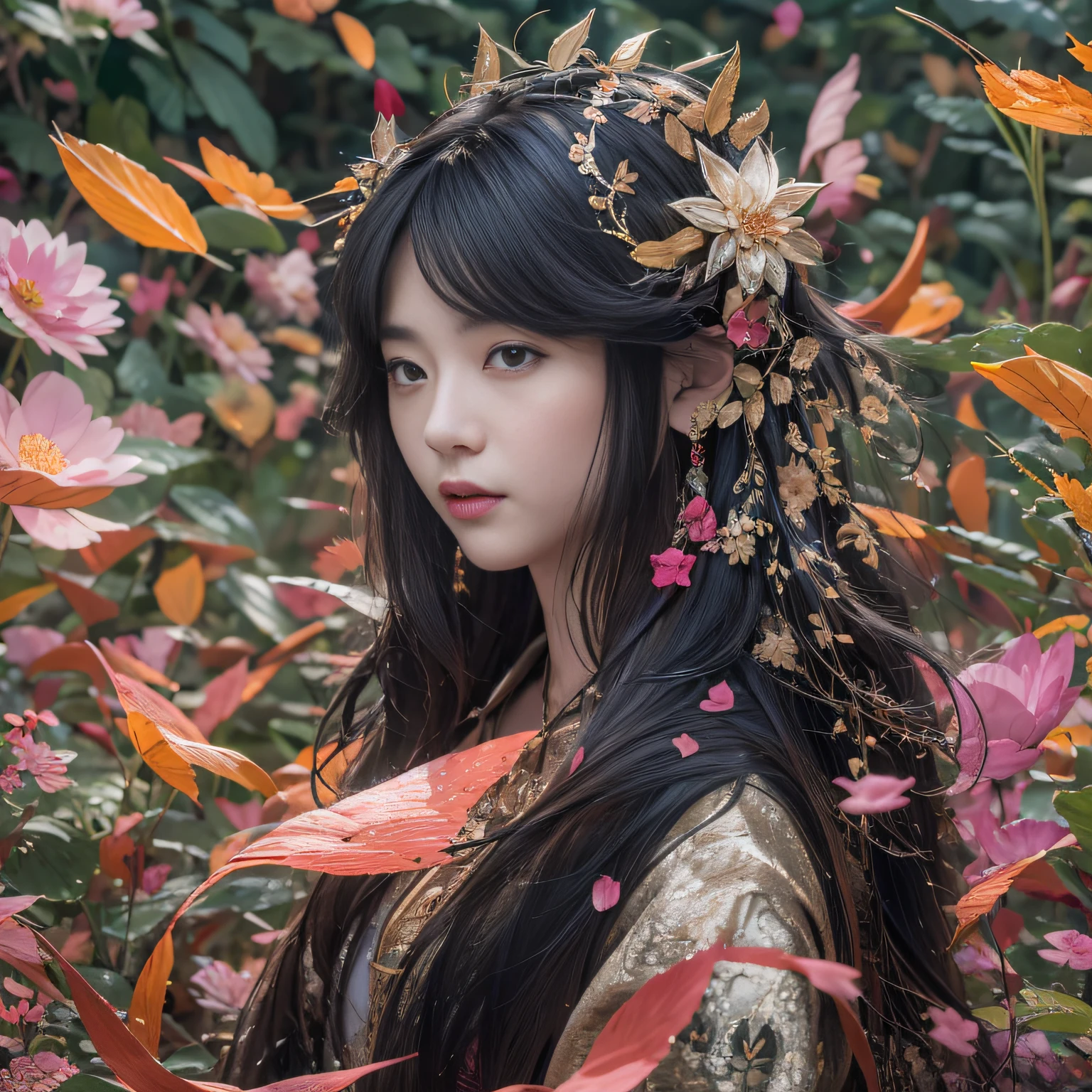 32K(tmasterpiece,k hd,hyper HD,32K)Long flowing black hair,ponds,zydink, a color, Asian people (Silly girl), (Silk scarf), Combat posture, looking at the ground, long whitr hair, Floating hair, Carp pattern headdress, Chinese long-sleeved clothing, (abstract ink splash:1.2), Pink petal background,Pink and white lotus flowers fly(realisticlying:1.4),Black color hair,Fallen leaves flutter,The background is pure, A high resolution, the detail, RAW photogr, Sharp Re, Nikon D850 Film Stock Photo by Jefferies Lee 4 Kodak Portra 400 Camera F1.6 shots, Rich colors, ultra-realistic vivid textures, Dramatic lighting, Unreal Engine Art Station Trend, cinestir 800,Long flowing black hair