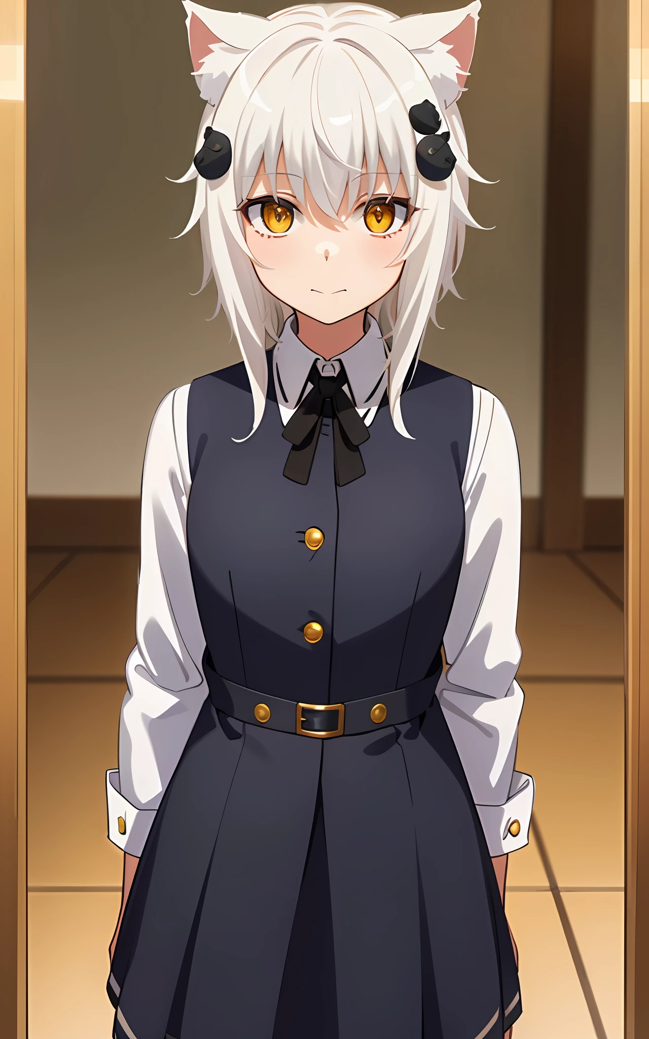 best quality, (masterpiece:1.2), highly detailed, standing, school, indoors, cat ears, 1girl, solo, tojou koneko, looking at the viewer, closed mouth, slight smile, yellow eyes, white hair, short hair, hair ornament, school uniform, (((upper body)))