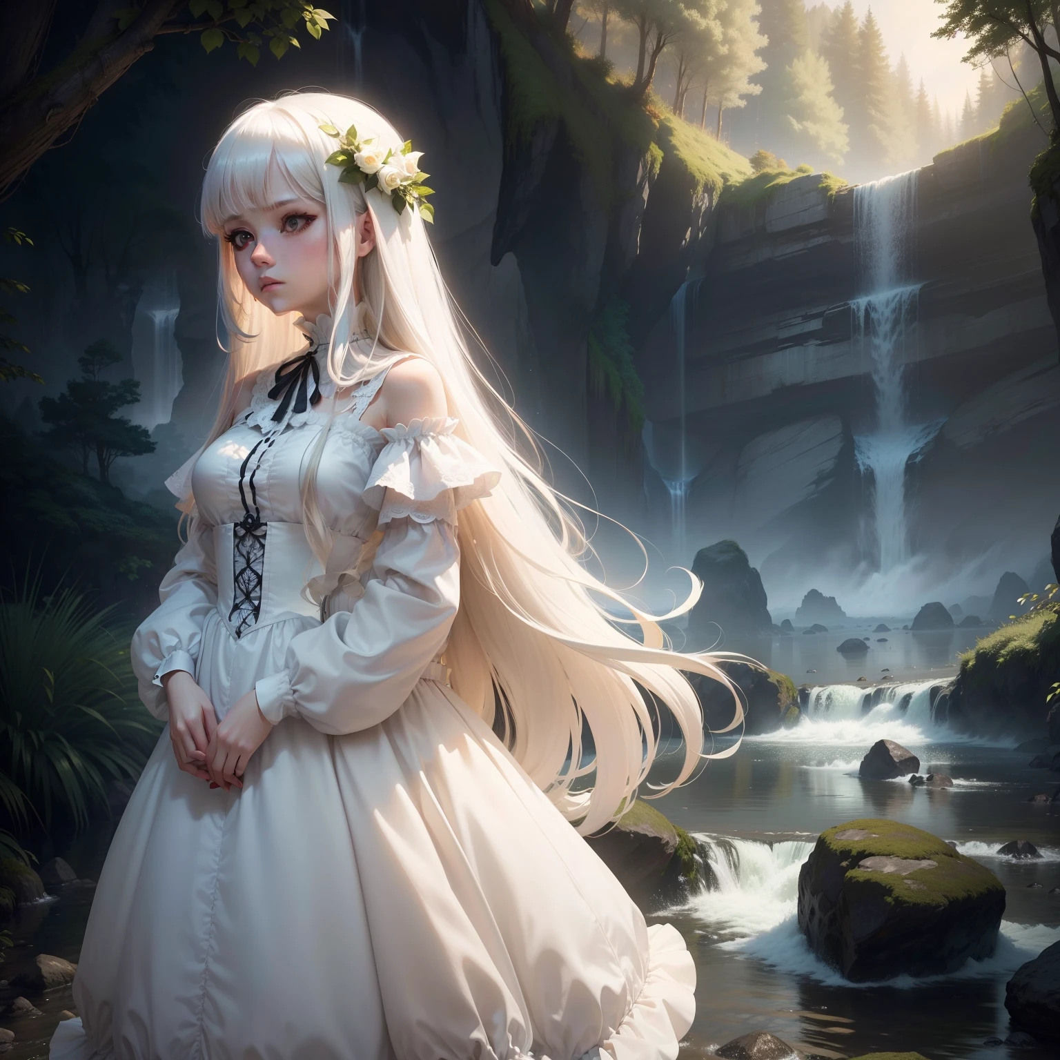 Lily girl beautiful girl beautiful daughter and beautiful granddaughter,Volumetriclighting,cinematric light,Double up braid,dynamic angle,globalillumination,Third Person View,Mood lighting,High-quality frontal lighting, edge lighting, high resolution, delicate eyes, high quality masterpiece,fully body photo,Gold and white gauze princess outfit,Short skirt,Little crown。,on a white horse,。Background waterfall,Flowers and meadows
