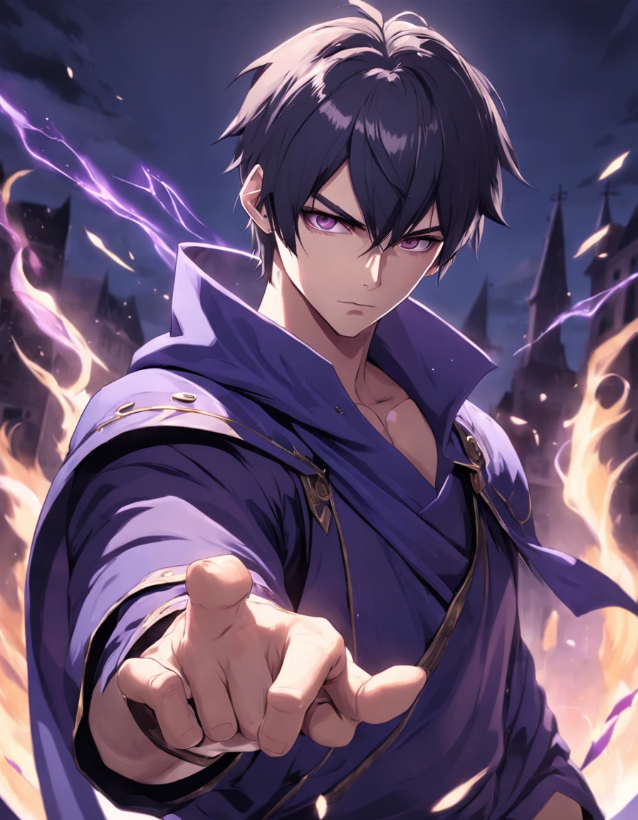 (superfine illustration, Best Quality, Ultra-detailed, medieval:1.5), (proficient male assassin, male focus, solo:1.5), fighting pose, (unapproachable vibe, Lack of emotional ups and downs, Perfect fingers, Perfect hands:1.5), 25 years old, (toned:0.9), (assassin costume, assassin cloak, fingerless gloves), empty church background, dusk, male hair, extremely short hair, purple hair, combed-back hair, male face, male eyebrows, sharp eyes , sharp nose, forehead, dynamic angle,
