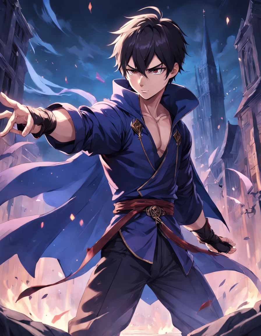 (superfine illustration, Best Quality, Ultra-detailed, medieval:1.5), (proficient male assassin, male focus, solo:1.5), fighting pose, (unapproachable vibe, Lack of emotional ups and downs, Perfect fingers, Perfect hands:1.5), 25 years old, (toned:0.9), (assassin costume, assassin cloak, fingerless gloves), empty church background, dusk, male hair, extremely short hair, purple hair, combed-back hair, male face, male eyebrows, sharp eyes , sharp nose, forehead, dynamic angle,