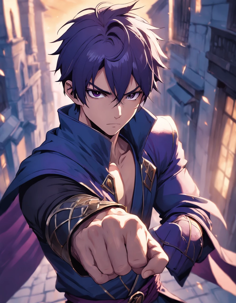 (superfine illustration, Best Quality, Ultra-detailed, medieval:1.5), (proficient male assassin, male focus, solo:1.5), fighting pose, (unapproachable vibe, Lack of emotional ups and downs, Perfect fingers, Perfect hands:1.5), 25 years old, (toned:0.9), (assassin costume, assassin cloak, fingerless gloves), empty church background, dusk, male hair, extremely short hair, purple hair, combed-back hair, male face, male eyebrows, sharp eyes , sharp nose, forehead, dynamic angle,