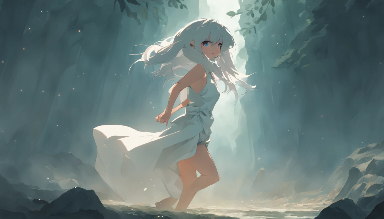 Motion blur, Depth of field,A place where strange boulders are bent,ln the forest,small stream,inverted image,extreme light,fog atmosphere,Kizi,Wearing a naked,The body is draped with a white cloth, Block only sensitive areas,Full length of colorful hair,Messy hair,Barefoot,Full body like,realskin,realcumAI,Snow-white skin,Snow-white thighs,Top image quality,Extreme light and shadow,Colorful tights,High details,Standing painting,lines of movement,Dance,komono,PC Wallpapers,Two-thirds of the canvas generates the body,move chart,