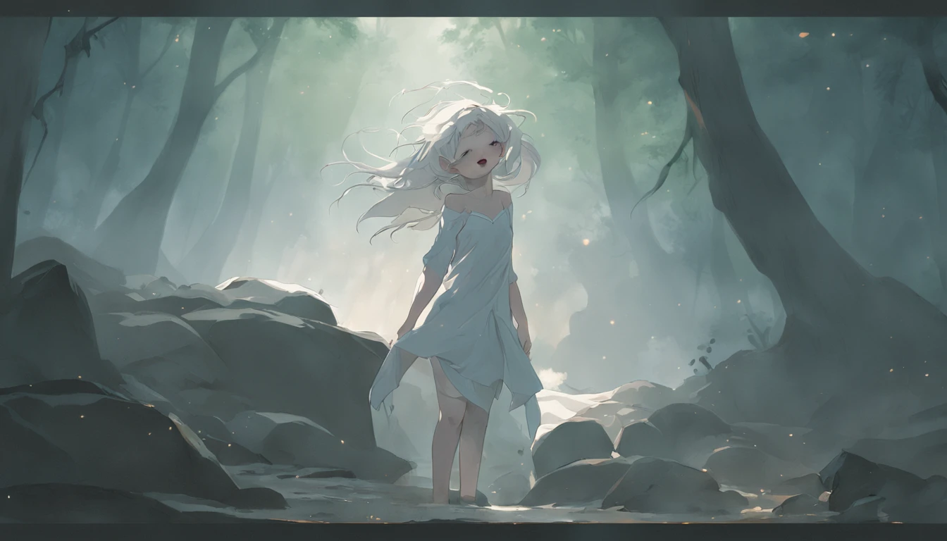 Motion blur, Depth of field,A place where strange boulders are bent,ln the forest,small stream,inverted image,extreme light,fog atmosphere,The moonlight shone on the side of the girl's face,realisticlying,no-bra,nakeness,Only white cloth is wrapped around the body, only sensitive areas are blocked,Around big white breasts,cleavage,Full-length colorful hair,Messy hair,Barefoot,Full body like,realskin,realcumAI,Snow-white skin,Snow-white thighs,Top image quality,Extreme light and shadow,Colorful tights,High details,Standing painting,lines of movement,Dance,komono,PC Wallpapers,Two-thirds of the canvas generates the body,move chart,