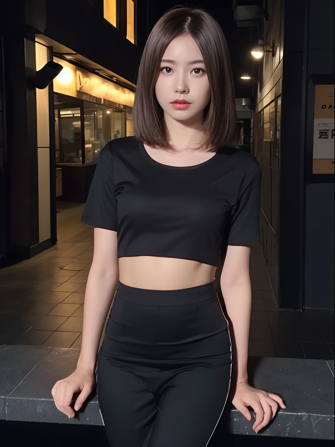 （（mid night， Acura， 8K， tmasterpiece： 1.3））， full body Esbian， long legged， Focalors： 1.2， Perfect figure beautiful woman： 1.4， Slim abs： 1.1， （dark brown  hair，： 1.2 ））， （Pink Skinny T-Shirt， falda corta，Sitting on Stool： 1.2）， （city night scene， teto： 1.3））， Highly detailed face and skin textures， detailedeyes， 二重まぶた，