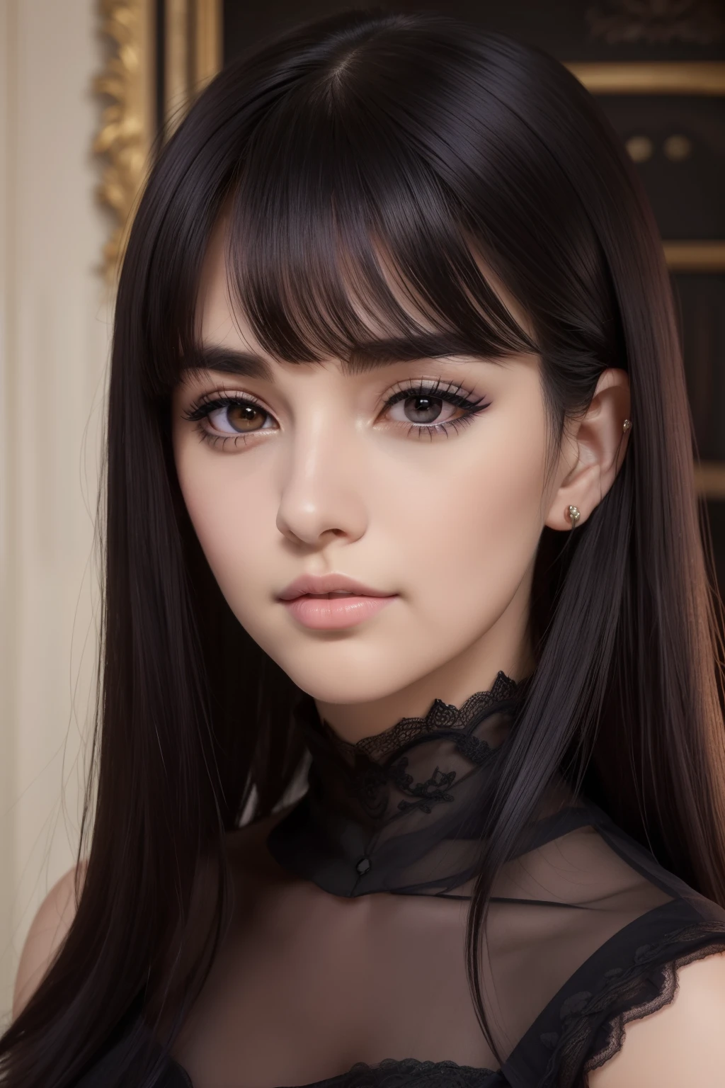 masterpiece, best quality, realistic, mature female, cute, 25 years old, closed mouth, portrait, extremely detailed face, warm, (dark purple eyes), ((Black long hair)), ((front bangs hair)), [thin eyebrows], dark palace, ((elegant dark black dress)), slight makeup, soft smile, ear blush, light blush, shorteyelashes, 4k, ((British))