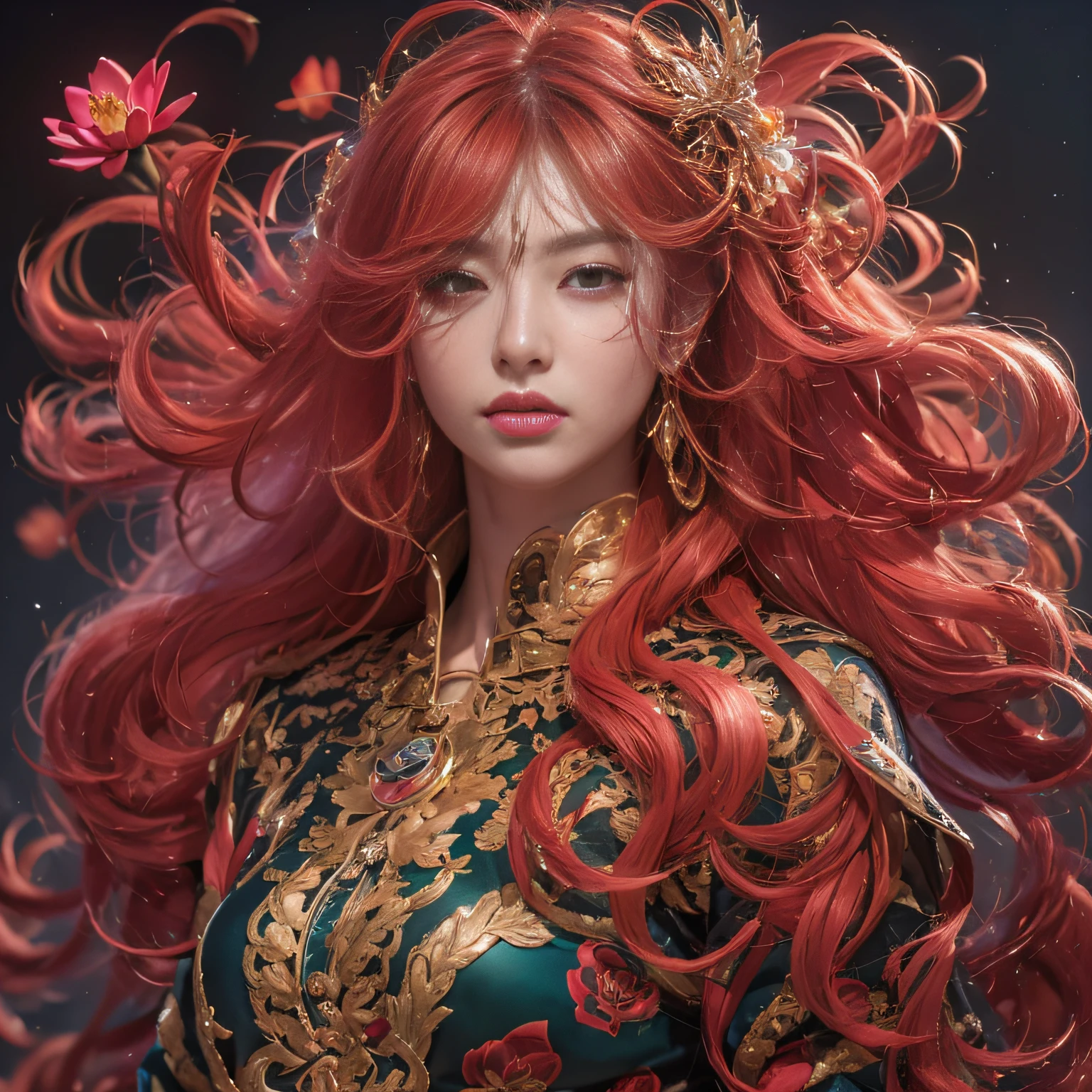 32K（tmasterpiece，k hd，hyper HD，32K）Large curls，Flowing rouge，ponds，zydink， a color，  Asian people （Silly girl）， （Silk scarf）， Combat posture， looking at the ground， Large rolls of rouge， Flowing rouge curls，Onyx emerald headdress， Chinese long-sleeved black gold garment， （abstract ink splash：1.2）， Pink lotus background，Water lily flower protector（realisticlying：1.4），Rouge hair，Autumn is in full swing，The background is pure， A high resolution， the detail， RAW photogr， Sharp Re， Nikon D850 Film Stock Photo by Jefferies Lee 4 Kodak Portra 400 Camera F1.6 shots, Rich colors, ultra-realistic vivid textures, Dramatic lighting, Unreal Engine Art Station Trend, cinestir 800，Large curls，Flowing rouge