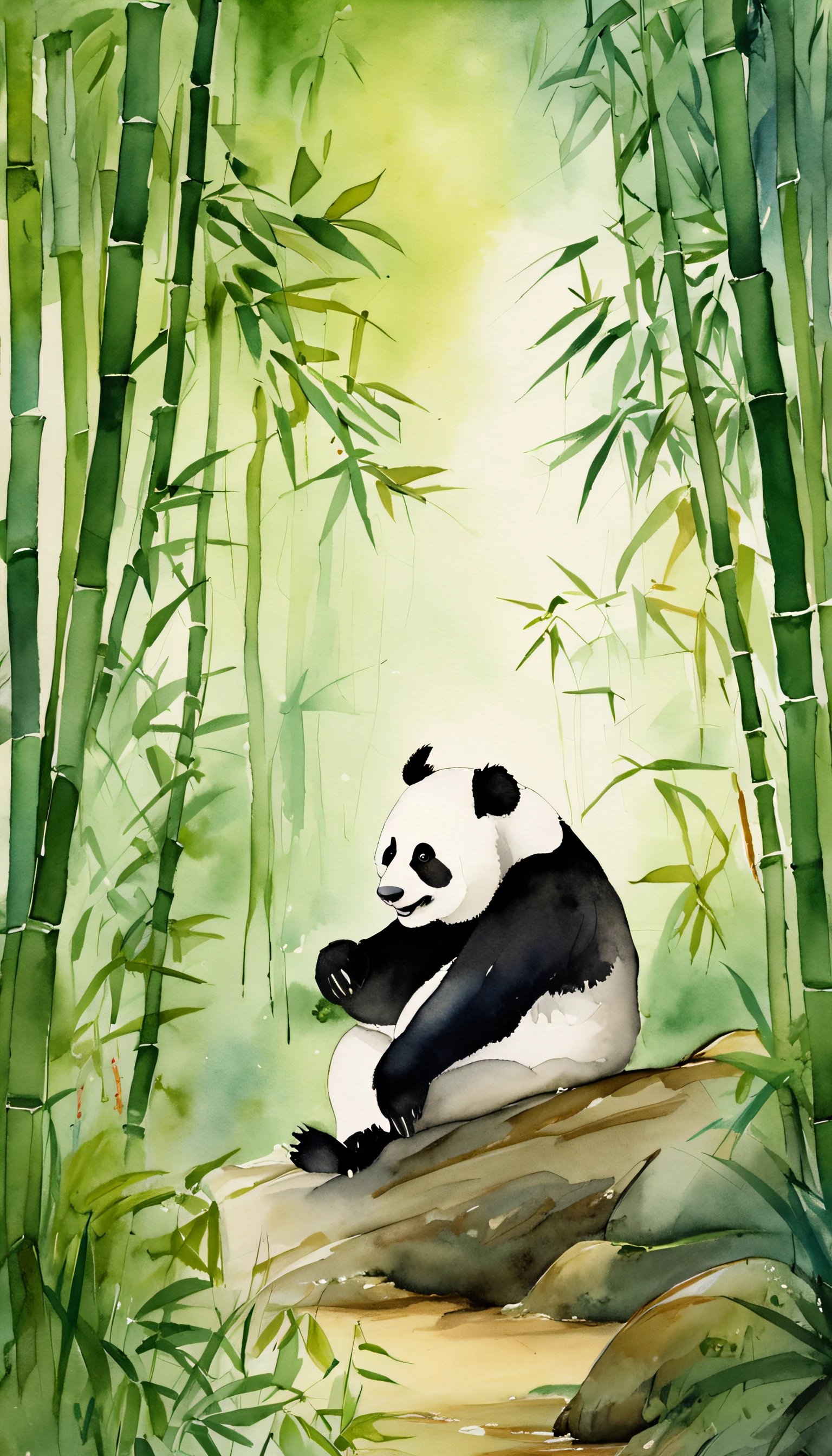 "a peaceful bamboo grove with an energetic panda playing among the trees"