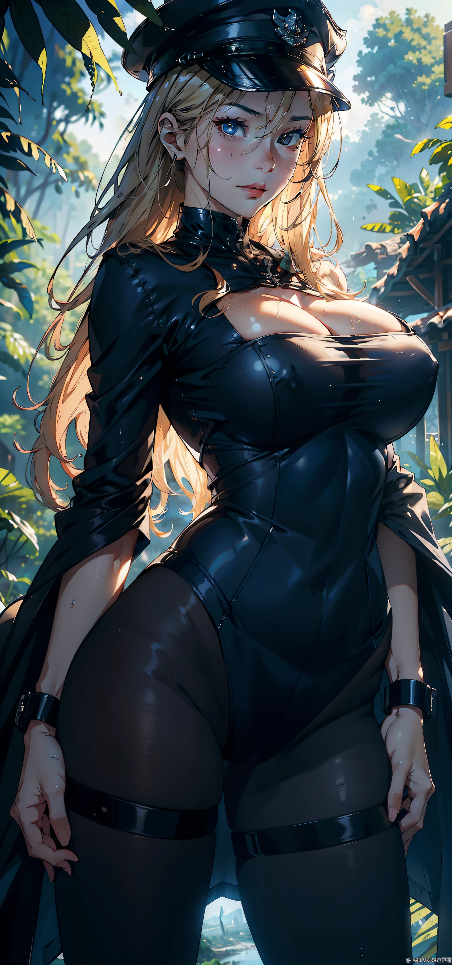 1female,35yo,huge-breasted,long leges,Pornographic exposure, 独奏,(Background with:hilltop,the rainforest,in summer,Standing water on the ground,exteriors) Feel free to hairstyle,Stride,Sweat profusely,drenched all over the body,seen from the front,Long blonde hair , mostly cloudy sky,(((tmasterpiece),(Very detailed CG unity 8K wallpaper),best qualtiy,cinmatic lighting,detailed back ground,beatiful detailed eyes,Bright pupils,(Very fine and beautiful),(Beautiful and detailed eye description),ultra - detailed,tmasterpiece,)),face to the viewer,frontage,A high resolution,ultra - detailed)nakeness,Wipe off panties,revealing breasts,Bare genitalia, Bulge,Camel toes,Raised sexy,Lewd expression,Flushed complexion,Open-mouthed,frontage,military officer,military hat,(Wearing:Blue shirt,Pantyhose,Cloak)ssmile,cyber punk style