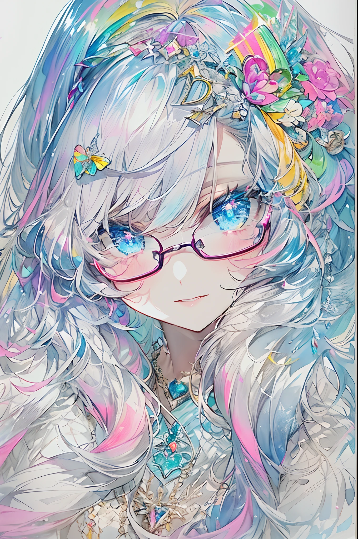 ((​masterpiece、top-quality、Watercolor art(Pendants)、Official art、Beautifully Aesthetic:1.2))、(1girl in:1.3)、(Fractal Art:1.3)、full body Esbian、((Glitter pupils))、patterns、((rainbow-colored hair、colourful hair、Half blue and half pink hair:1.2))、colourfull、(Silver-rimmed glasses)、Writing、heterochromia iridis、(colourfull:1.5)、(Dress)、(mansion)、((Shy face))、((maikurobikini))、(Standing)、(Hyper-detailing), ((delicate detail)), (intricate detailes), ((ciinematic light, best quality backlight)), highcontrast, ((The best lighting, extremely delicate and beautiful)), ((ciinematic light))、(ray trace reflection、brilliance)、((glowing aura))、((Radiant hair))、((The ultra-detailliert))、((8K))
