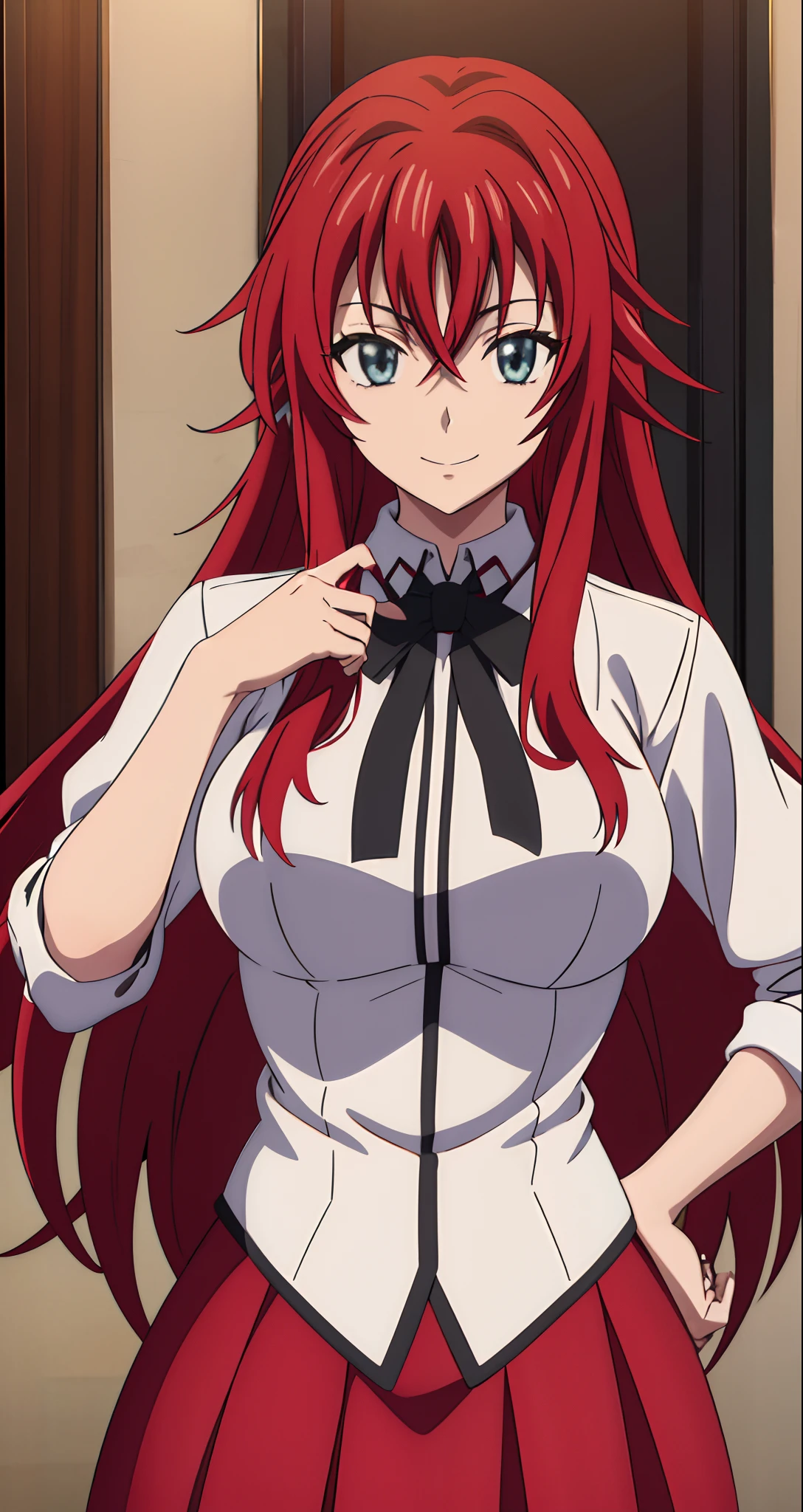 (((picture perfect))), (absurdres), 1girl, solo, rias gremory, school uniform, red skirt, looking at viewer, smile, (((upper body)))