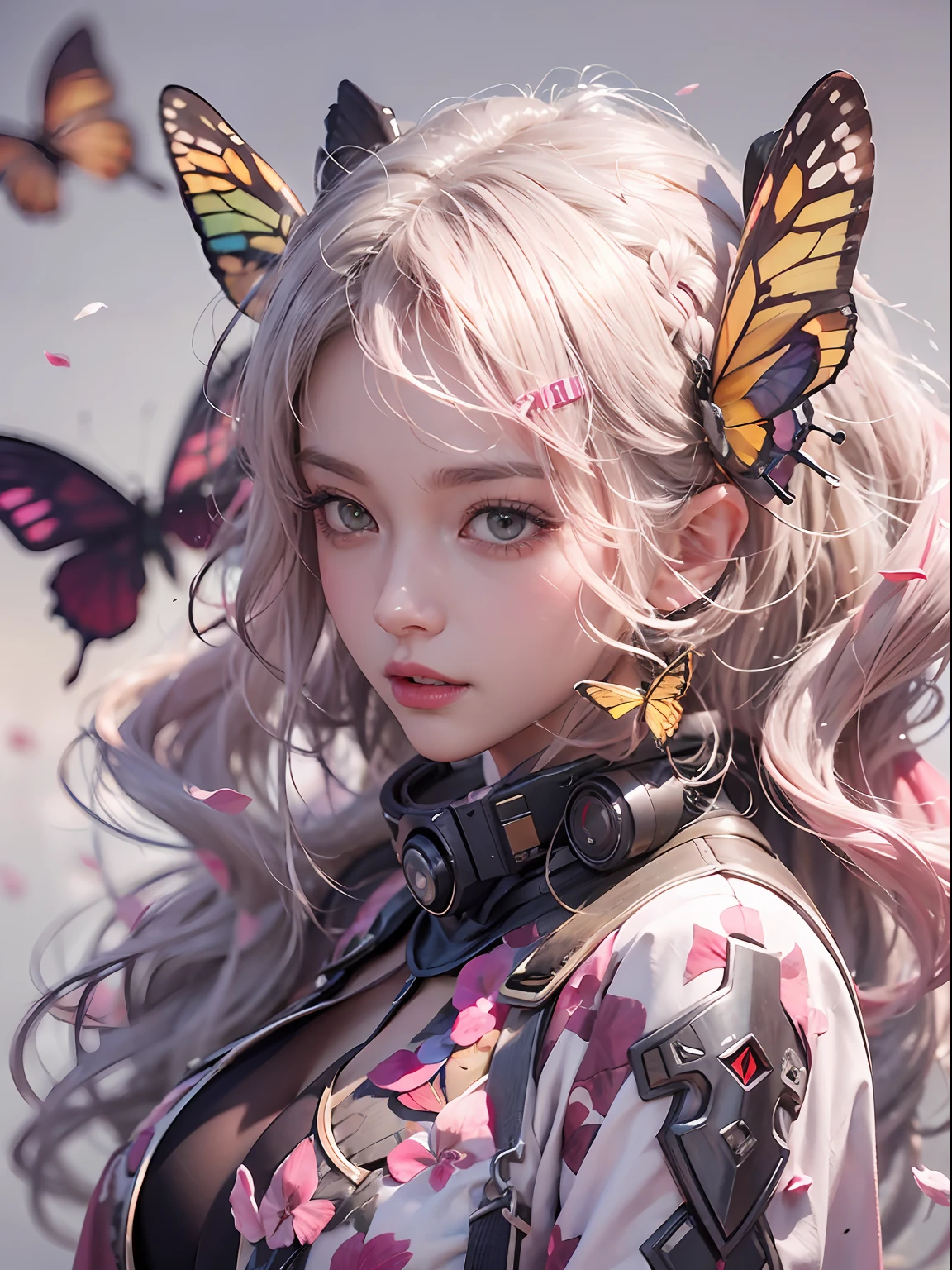((Best Quality)), ((Masterpiece)), (Detail: 1.4), 3D, Beautiful Cyberpunk Female Image, HDR (High Dynamic Range), Ray Tracing, NVIDIA RTX, Super Resolution, Unreal 5, Subsurface Scattering, PBR Texture, Post-Processing, Anisotropic Filtering, Depth of Field, Maximum Sharpness and Sharpness, Multi-layer Texture, Albedo and Highlight Mapping, Surface Coloring, Mitsu-Accurate Simulation of Material Interactions, Perfect Proportions, Octane Rendering, Two-color Light, Large Aperture, Low ISO, white balance, regular three-point, 8K RAW, beautiful bright pupils, flowing robe, fine pupils, delicate face and eyes, long eyelashes, blush, fluffy hair, pink lips, pure, cute, cherry blossom petals falling, butterfly