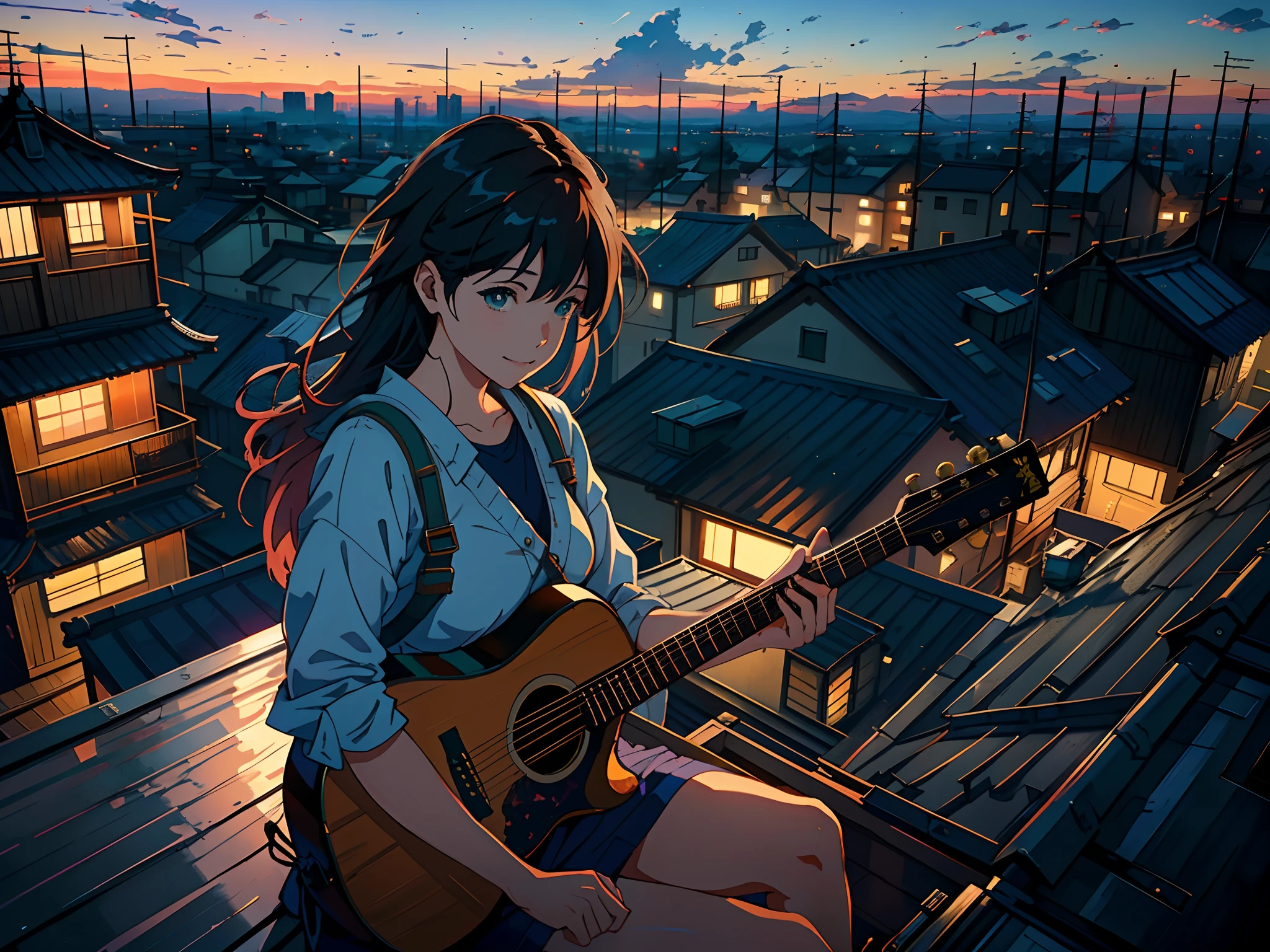 Realistic, real life, beautiful Cute Girl sitting on a roof with acoustic guitar in her hand, cute smile, looking down at a city below, extremely detailed by greg rutkowski makoto shinkai kyoto animation key art feminine mid shot, style of laurie greasley, studio ghibli, akira toriyama, james gilleard, genshin impact, trending pixiv fanbox, acrylic palette knife, 4k, vibrant colors, devinart, trending on artstation