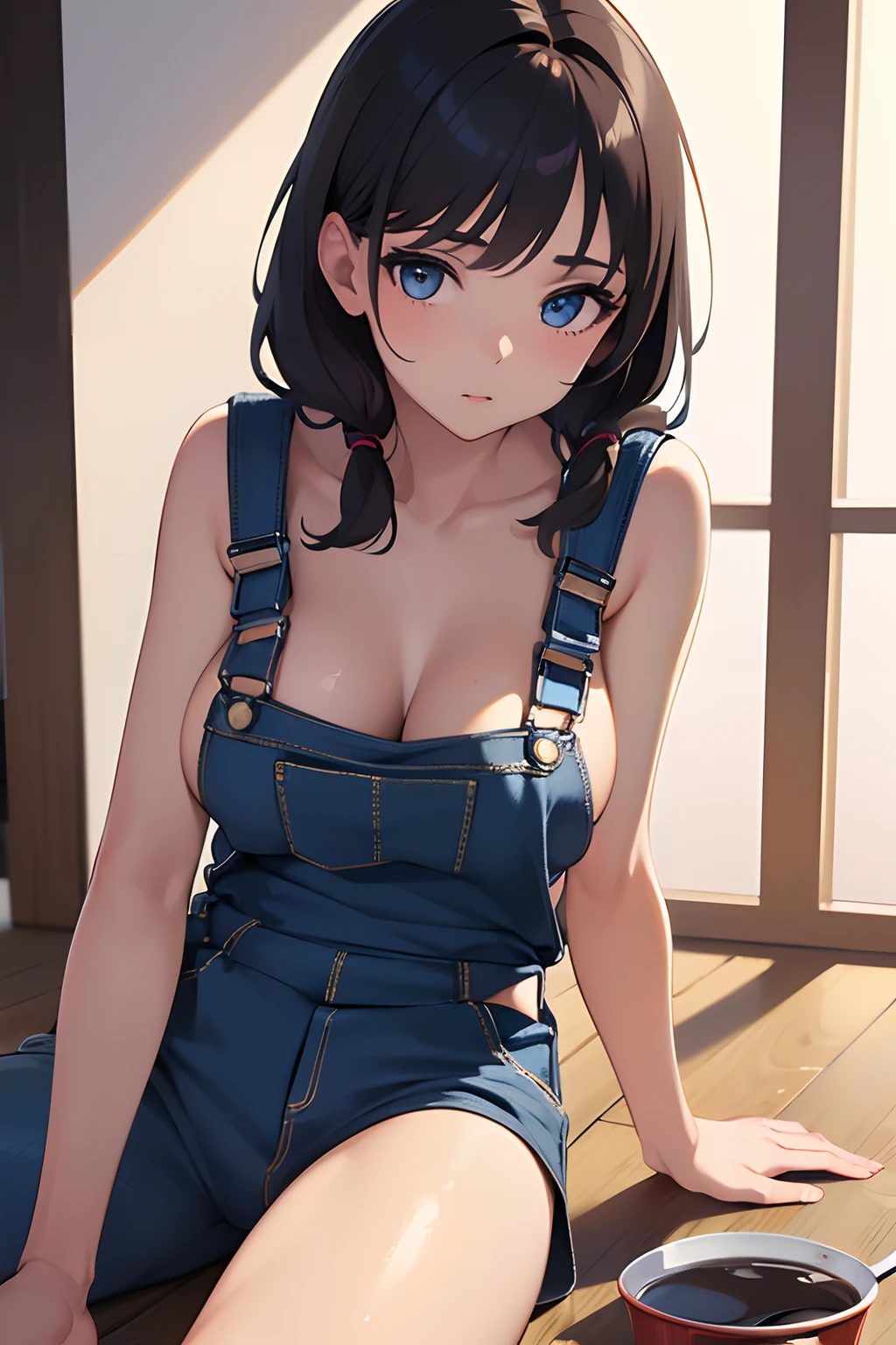 ((Best Quality, 8K, Masterpiece: 1.3))(ultra-detailed), 1girl, shiny skin, sharp, Perfect Body Beauty, realistic shaded perfect body,dynamic pose, "(overalls , naked :1.2)" ,big breasts , all fours , brush , paint