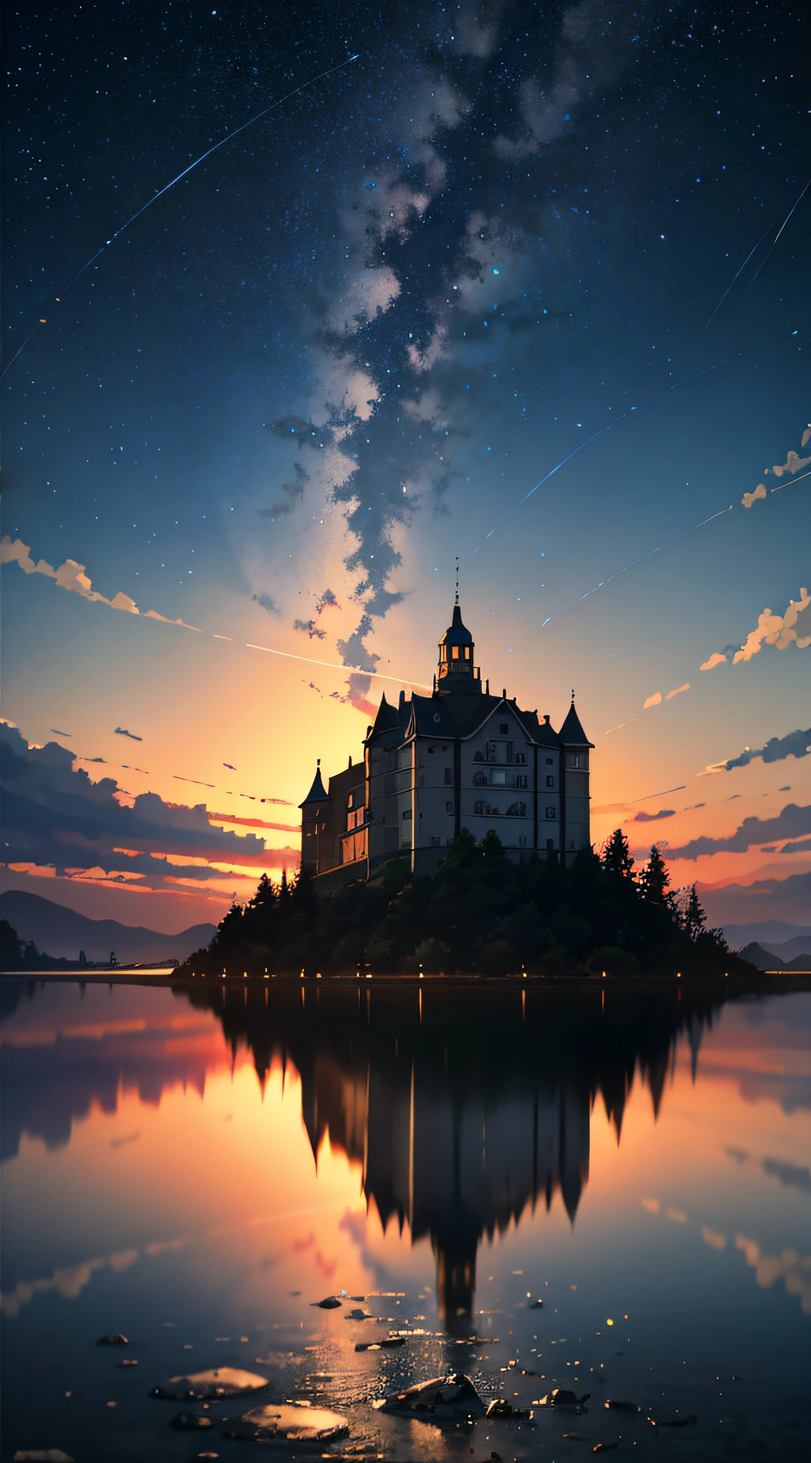 High quality masterpiece, landscape, anime train passing through bodies of water on tracks, bright starry sky. Romantic train, pixiv, concept art, lofi art style, reflection. by Makoto Shinkai, lofi art, Beautiful anime scene, Anime landscape, detailed scenery —width 672, in style of Makoto shinkai, style of Makoto shinkai, enhanced details.