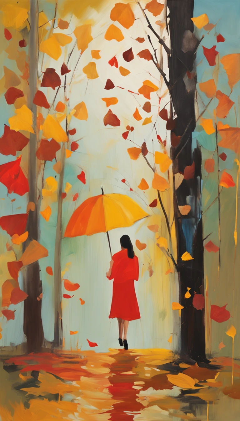 A girl misses her lover in the autumn breeze，Catch the falling autumn leaves with both hands，Autumn scene，Beautiful and romantic，minimal style，Out of focus，illustration，falling leaf，detail-rich，depth of fields，Originality，down view，aerial shot