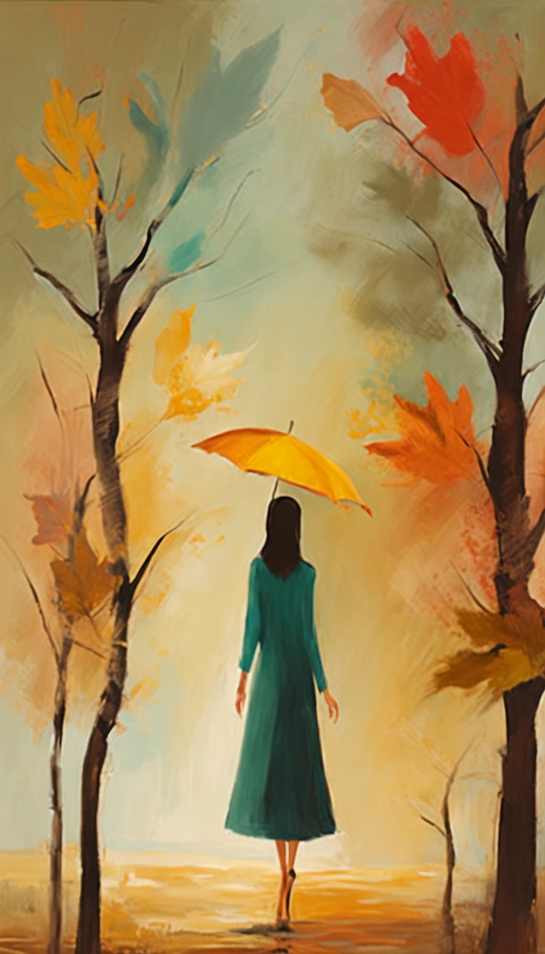 A girl misses her lover in the autumn breeze,Catch the falling autumn leaves with both hands,Autumn scene,Beautiful and romantic,minimal style,Out of focus,illustration,falling leaf,detail-rich,depth of fields,Originality,down view,aerial shot