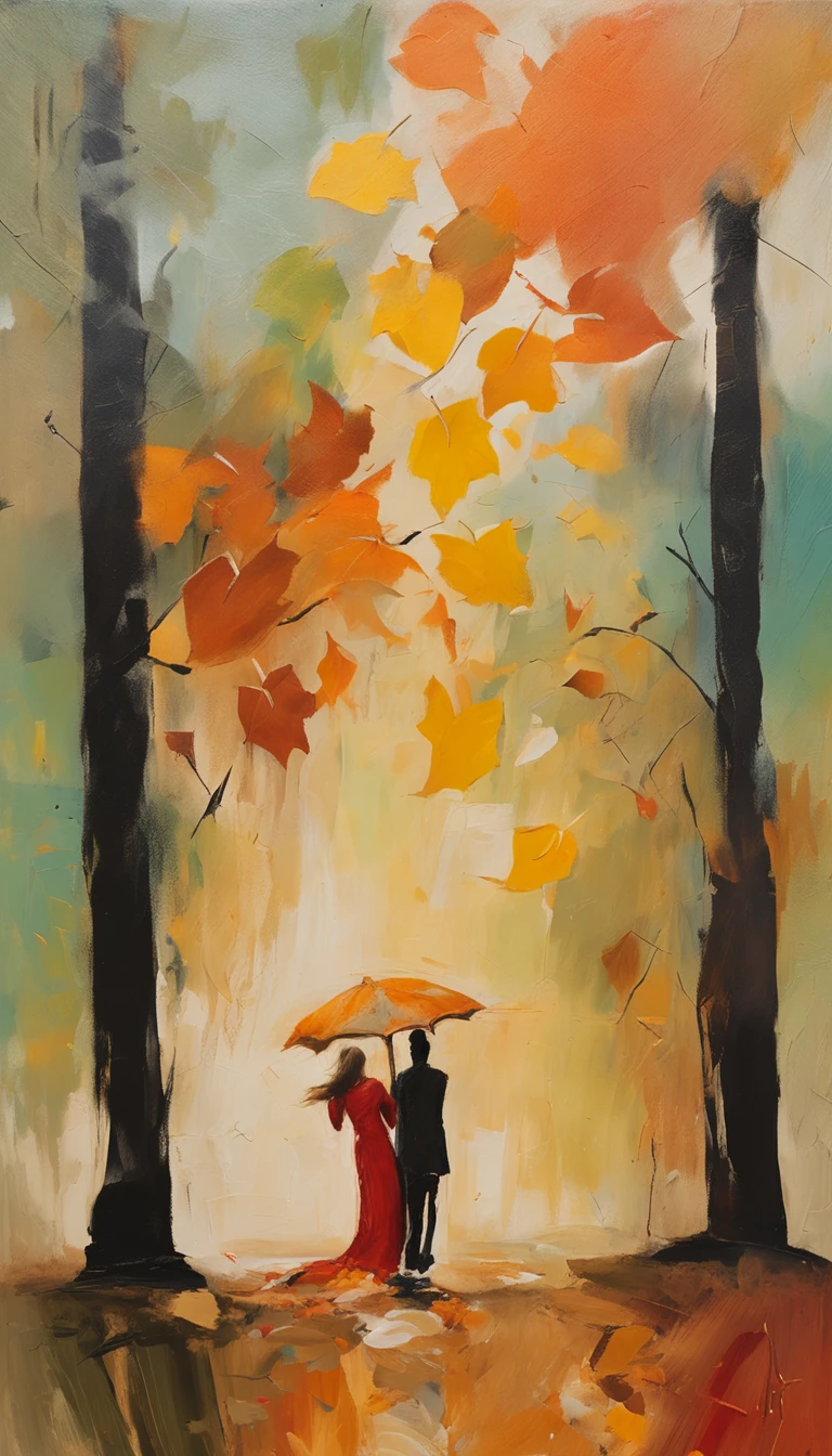 A girl misses her lover in the autumn breeze,Catch the falling autumn leaves with both hands,Autumn scene,Beautiful and romantic,minimal style,Out of focus,illustration,falling leaf,detail-rich,depth of fields,Originality,down view,aerial shot