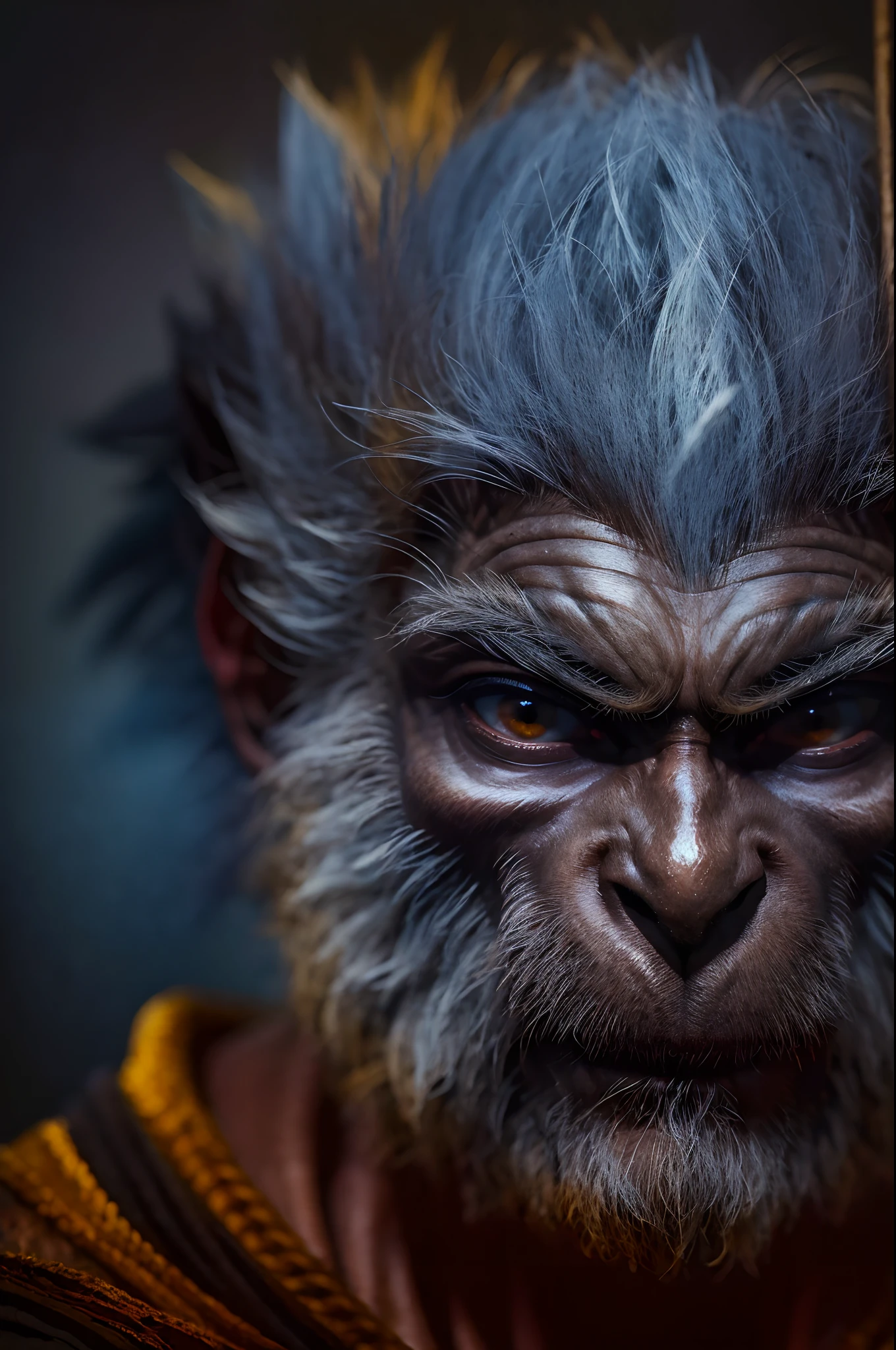 Black myth Goku,monkeys,head portrait,Close-up,of a real,Facial features are carefully depicted,Realistic skin texture,Dark style,depth of fields,high light,Real light,Ray traching,oc rendered,Hyper-realistic,best qualtiy,8K,Works of masters,super-fine,Detailed pubic hair,Correct anatomy,sharp focus on eyes,Bokeh,Facial features are carefully depicted