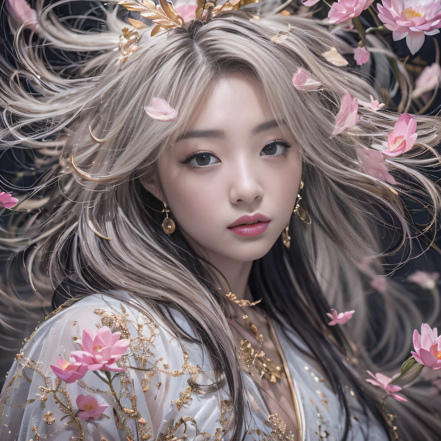 32K（tmasterpiece，k hd，hyper HD，32K）Long flowing black hair，ponds，zydink， a color，  Asian people （Silly girl）， （Silk scarf）， Combat posture， looking at the ground， long whitr hair， Floating hair， Carp pattern headdress， Chinese long-sleeved clothing， （abstract ink splash：1.2）， Pink petal background，Pink and white lotus flowers fly（realisticlying：1.4），Black color hair，Fallen leaves flutter，The background is pure， A high resolution， the detail， RAW photogr， Sharp Re， Nikon D850 Film Stock Photo by Jefferies Lee 4 Kodak Portra 400 Camera F1.6 shots, Rich colors, ultra-realistic vivid textures, Dramatic lighting, Unreal Engine Art Station Trend, cinestir 800，Long flowing black hair
